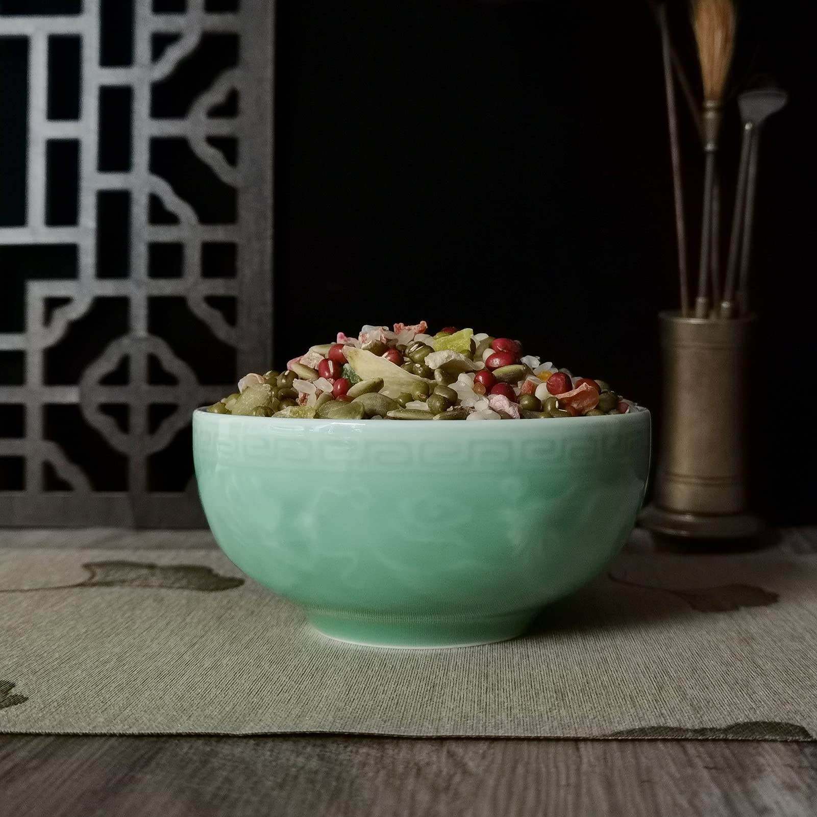 Premium Chinese Celadon 4.5-Inch Rice Bowls - Microwave & Dishwasher Safe - Exquisite Dragon & Phoenix Embossed Design - Perfect for Asian Cuisine, Home Dining & Gift Giving