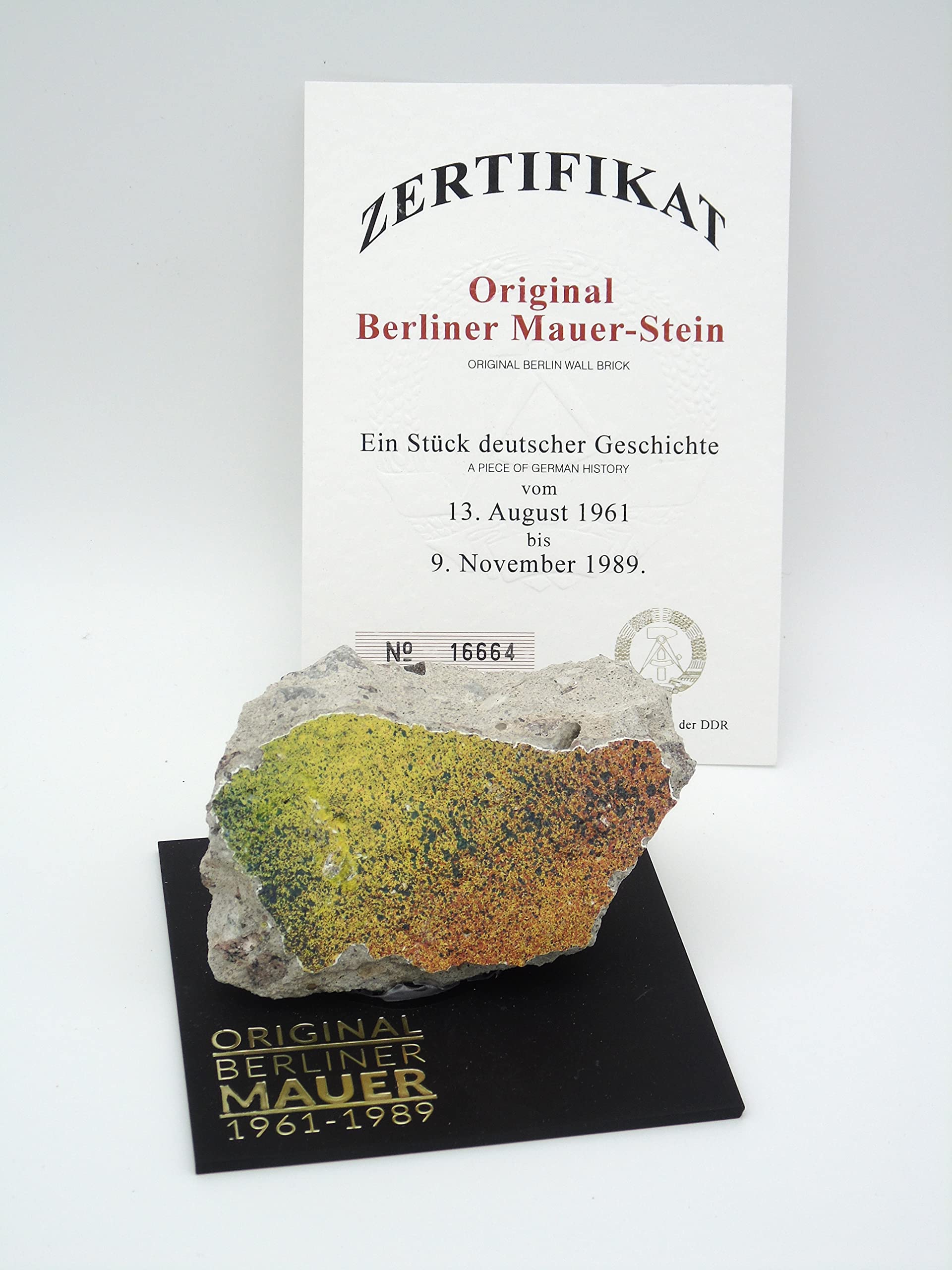 Authentic Piece of Berlin Wall with Certificate of Authenticity (CoA) - Large Fragment on Black Acrylic Base | Cold War Memorabilia, Historical Home Decor, Unique Gift for History Lovers
