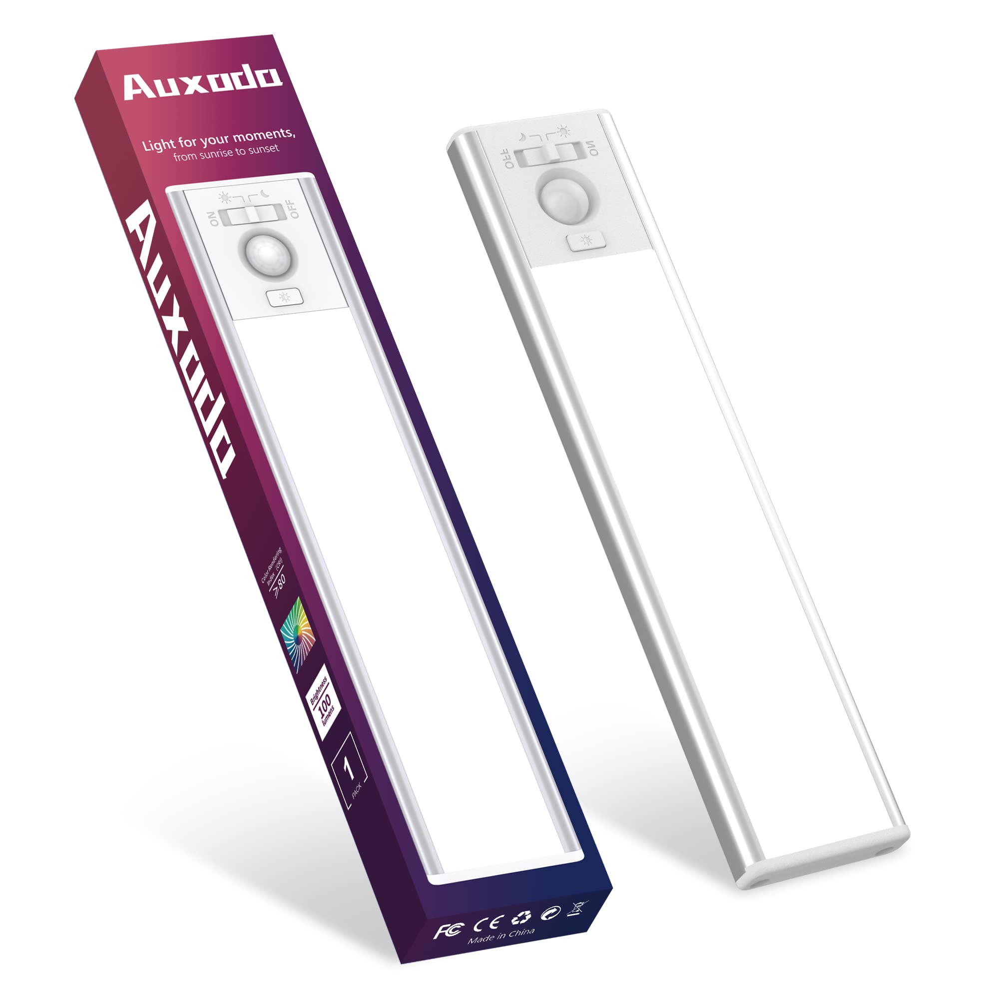 Auxoda 8 Inch 31 LED Wireless USB Rechargeable Under Cabinet Lights with Motion Sensor - Energy Efficient Closet Lighting for Kitchen, Wardrobe & Counter Spaces - Perfect for Indoor Home & Office Use