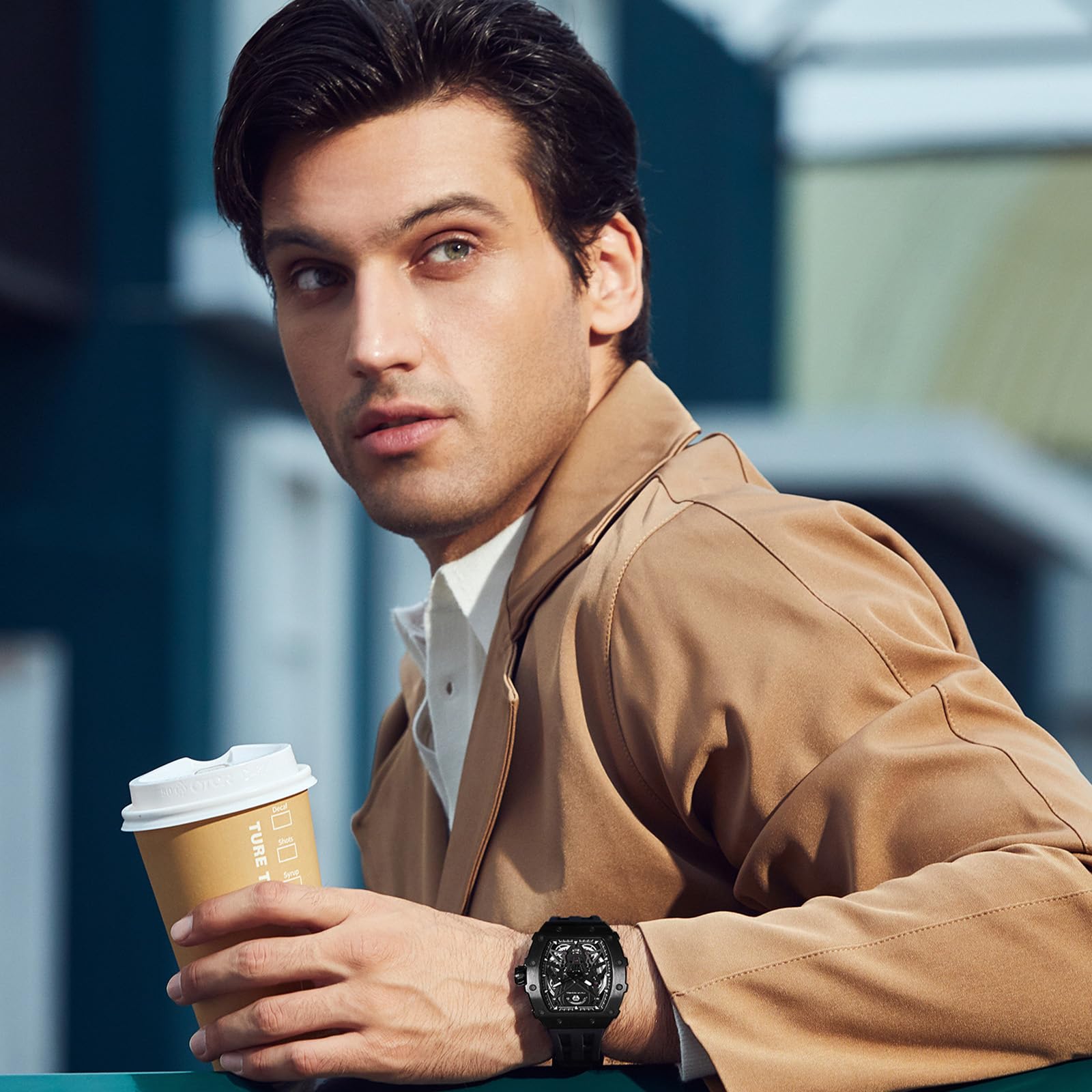 Luxury Automatic Skeleton Watch for Men - 50M Waterproof Mechanical Tonneau Watch with Silicone Band - Perfect for Business, Formal Events & Christmas Gifts
