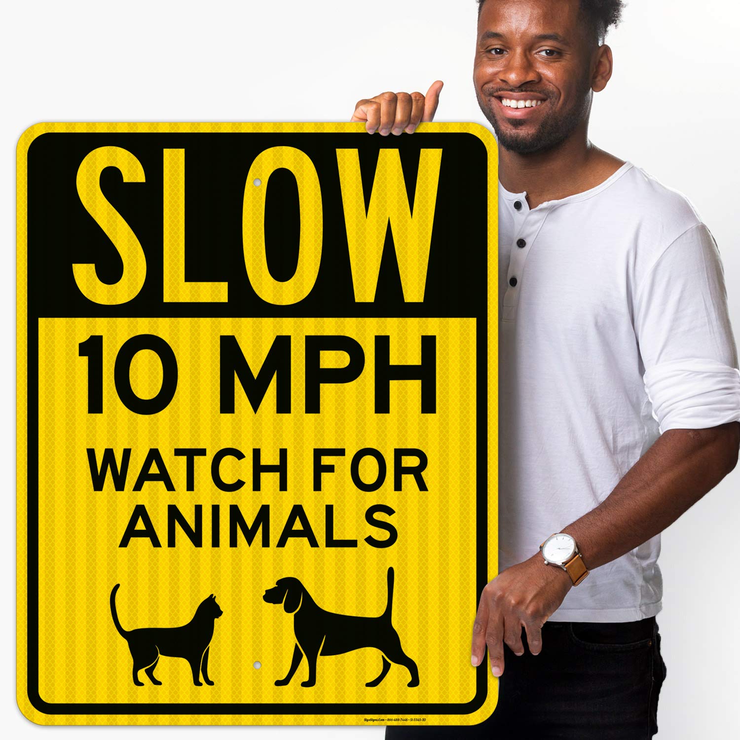 Slow 10 MPH Watch for Animals Sign - 24x30 Inches Reflective Traffic Sign - 3M EGP .080 Aluminum - Fade Resistant - Indoor/Outdoor Use - Made in USA - Perfect for School Zones, Residential Areas & Wildlife Crossings