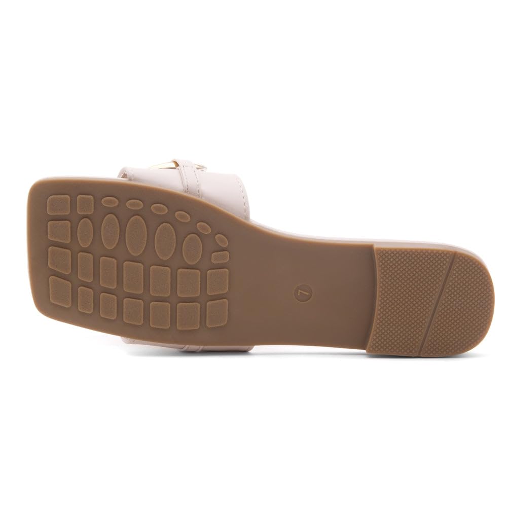 EMMA Women's Flat Sandals - Square Open Toe Single Band Slides with Metal Chain | Comfortable Cushioned Footbed Slip-On Slippers for Summer, Beach, Vacation & Daily Wear | Casual & Fashionable Sandals for Women
