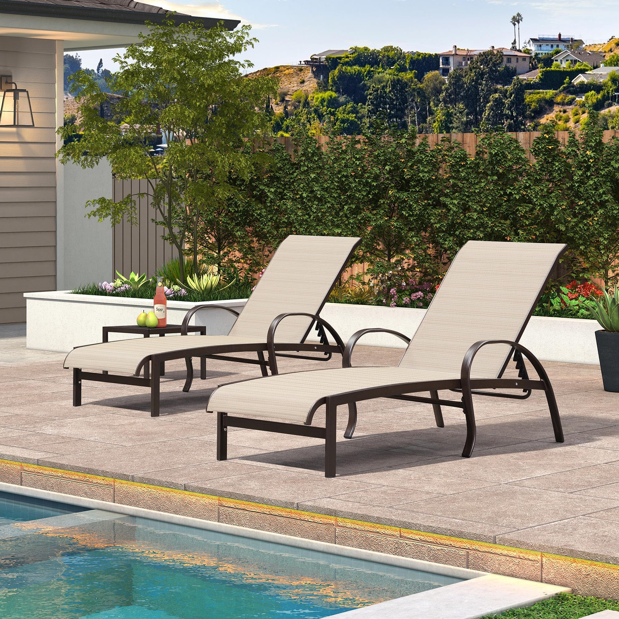 PURPLE LEAF Outdoor Chaise Lounge Chair Set of 3 - Patio Pool Loungers with Side Table, Adjustable Recliner in Light Khaki - Perfect for Backyard, Deck, Garden, Beach & Poolside Relaxation