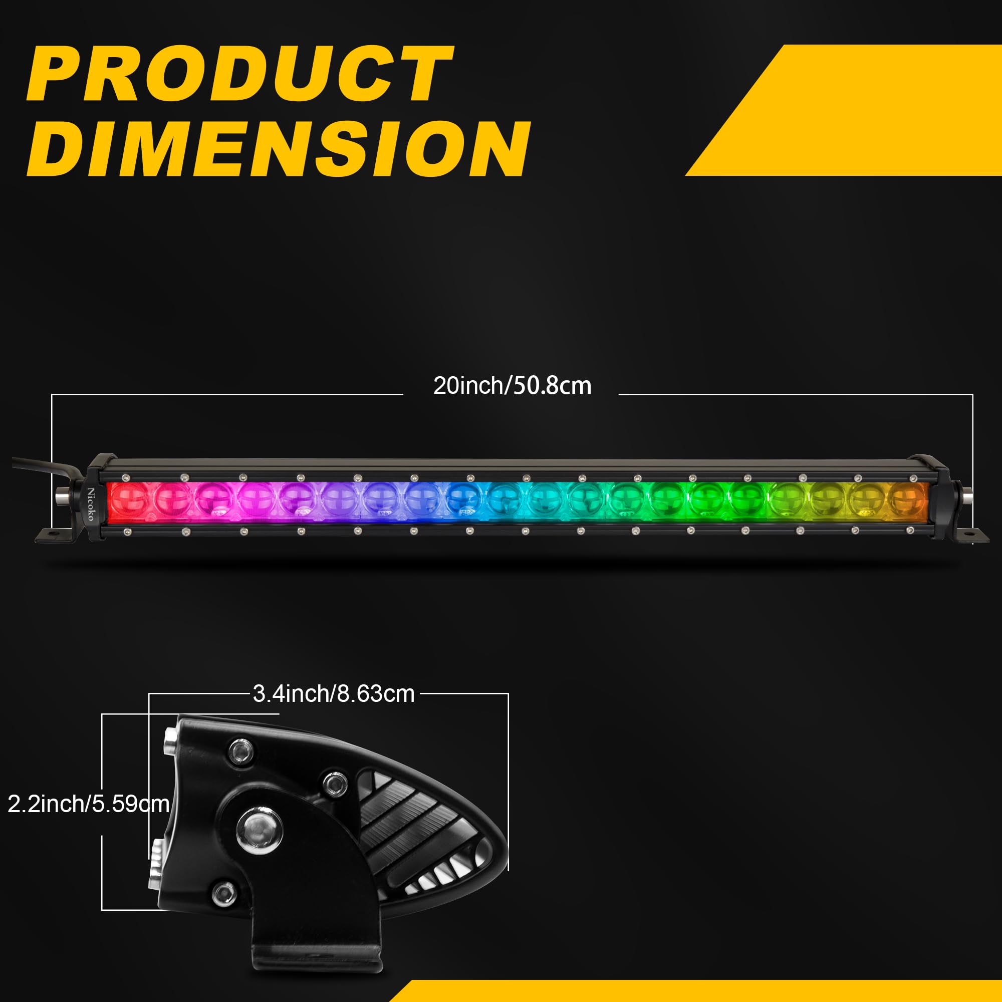 Ultra-Thin 20-Inch 100W LED Light Bar with Bluetooth App & Remote Control - Color Changing Spot Driving Light for Off-Road Trucks, ATV, UTV, SUV & Cars | Perfect for Night Driving, Camping & Outdoor Adventures