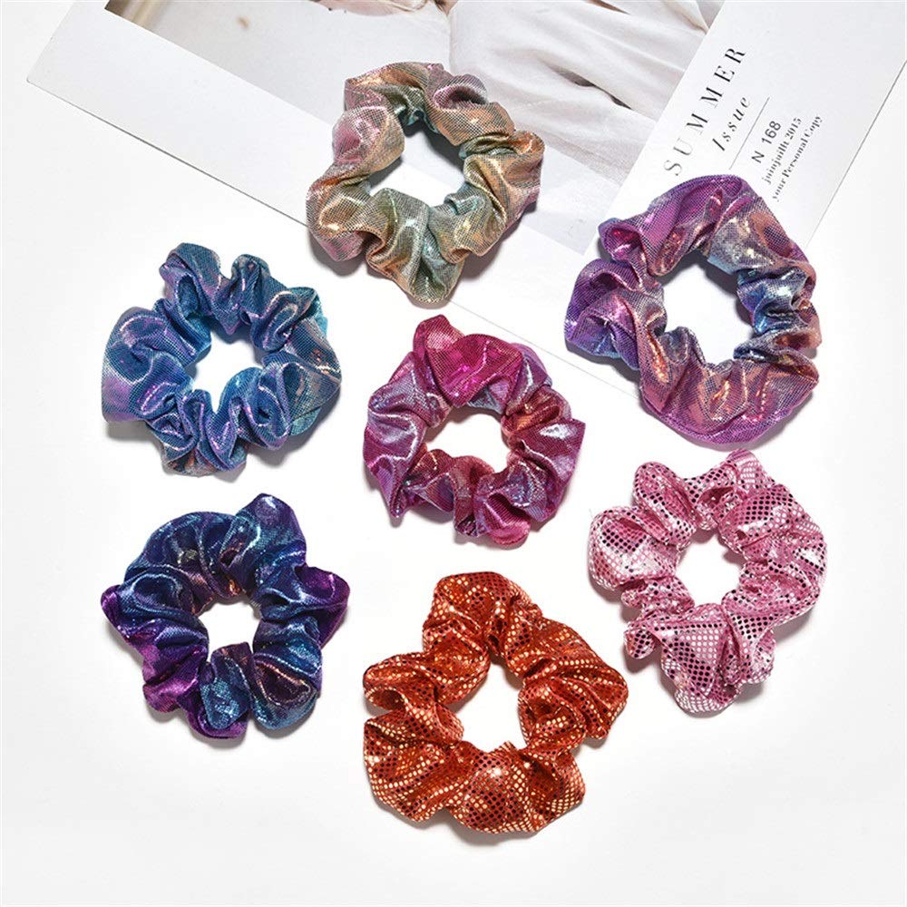 Metallic Rainbow Hair Elastics Headbands - 7pcs Scrunchie Hair Ties, Chiffon Ponytail Holders for Women | Perfect for Workouts, Office & Casual Styling