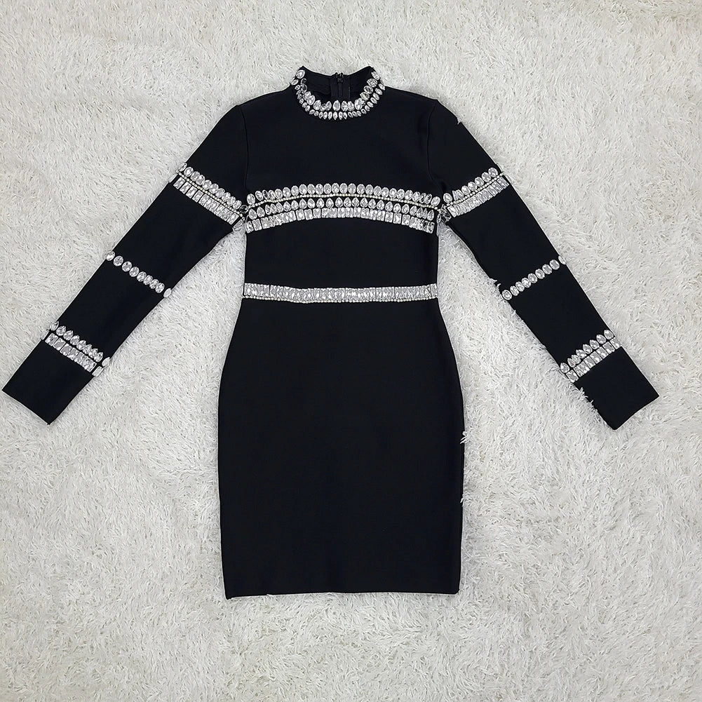 2023 New Winter Black Women's Long Sleeve Bodycon Mini Dress with Crystal Details - Elegant Bandage Party Dress for Evening Events, Night Out, Club Wear & Special Occasions