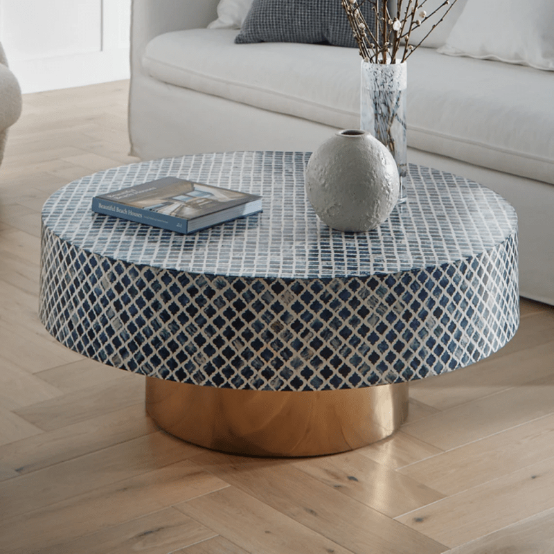 Handmade Bone Inlay Round Coffee Table - Blue Boho Style Living Room Furniture | Modern Center Table for Home Decor, Living Room, Lounge & Office