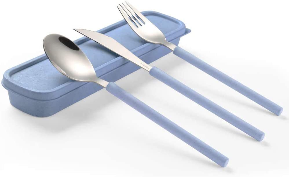 3-Piece Outdoor Flatware Set with Travel Case - Lightweight & Durable Camping Utensils for Picnics, Hiking, and Backpacking - Blue