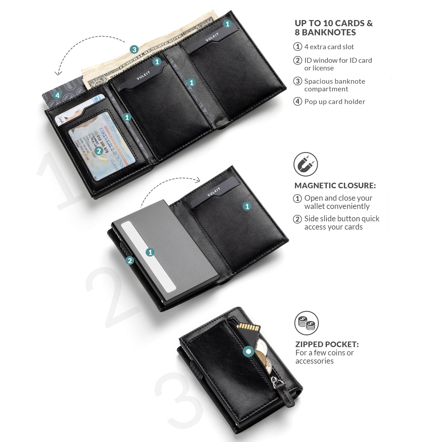 VC302 Side Slider Tri-Fold Wallet with Magnetic Strip Closure & Back Zipper Pocket - Slim RFID Blocking Leather Wallet for Men - Perfect for Business, Travel & Everyday Use