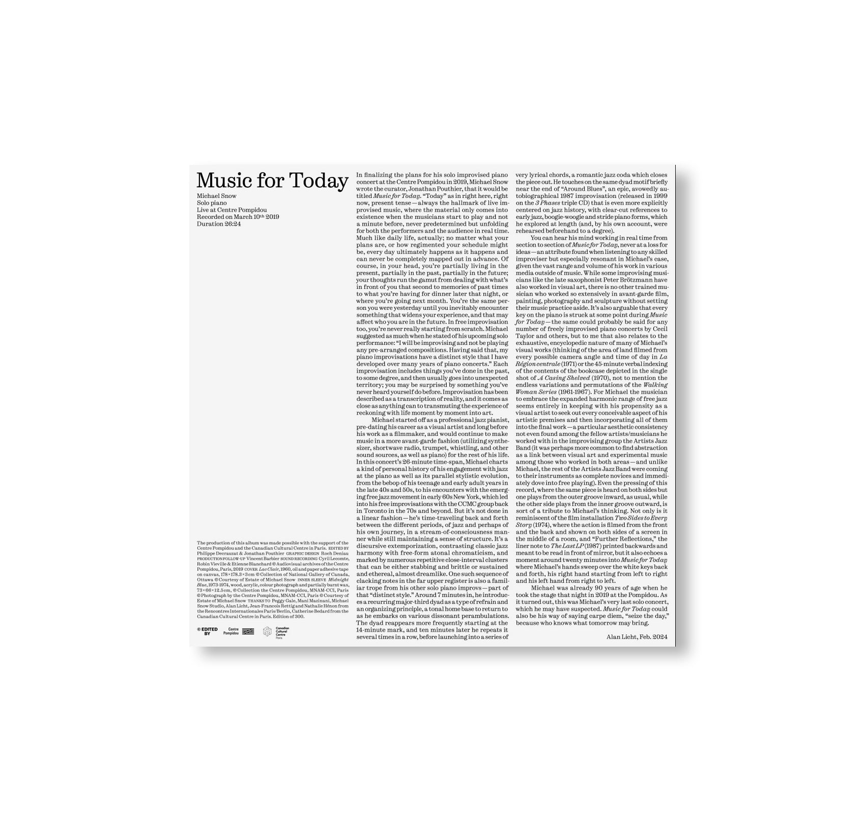 Michael Snow - Music for Today: Solo Piano LP (Limited Numbered Edition) - Perfect for Relaxation, Meditation & Home Décor