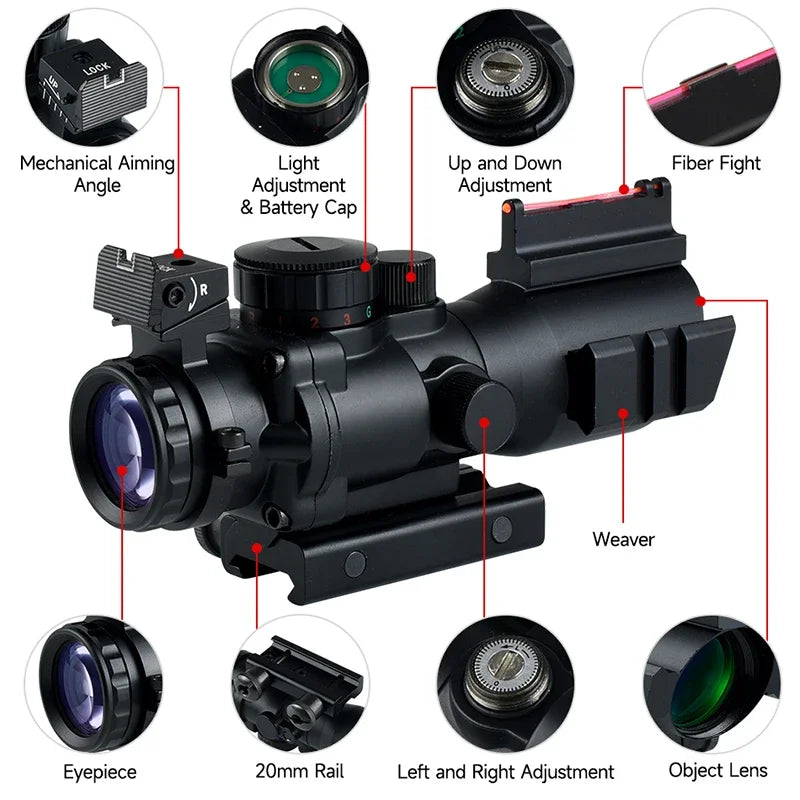 4x32 ACOG Tri-Illuminated Cross Scope - Adjustable Tactical Rifle Scope with Red Fiber Optic Sight for Hunting | Fits 20mm Rail | Perfect for Long-Range Shooting, Tactical Training & Outdoor Adventures