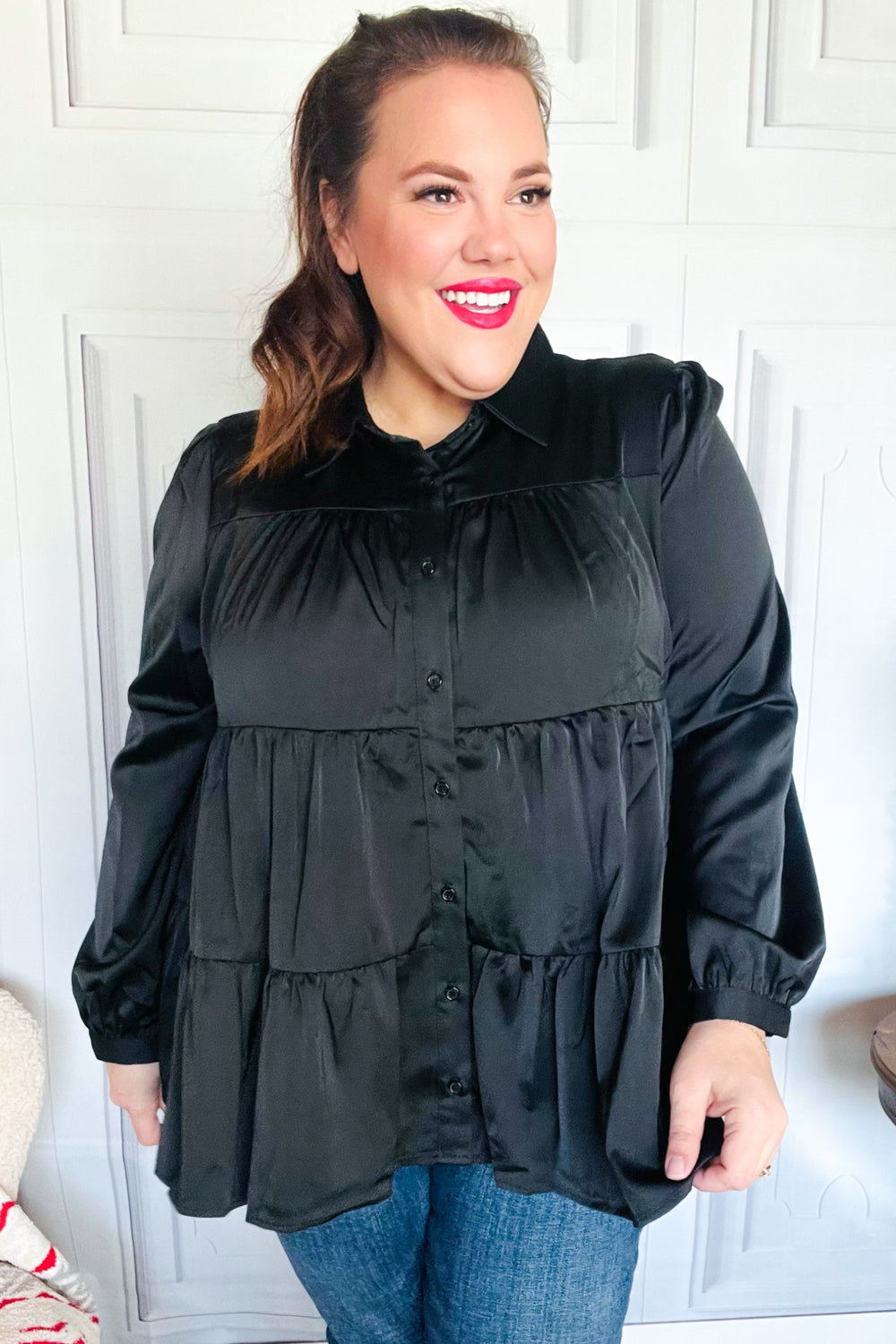 Perfectly You Black Button Down Tiered Babydoll Satin Top for Women | Elegant Sleeveless Blouse for Party, Date Night & Special Occasions