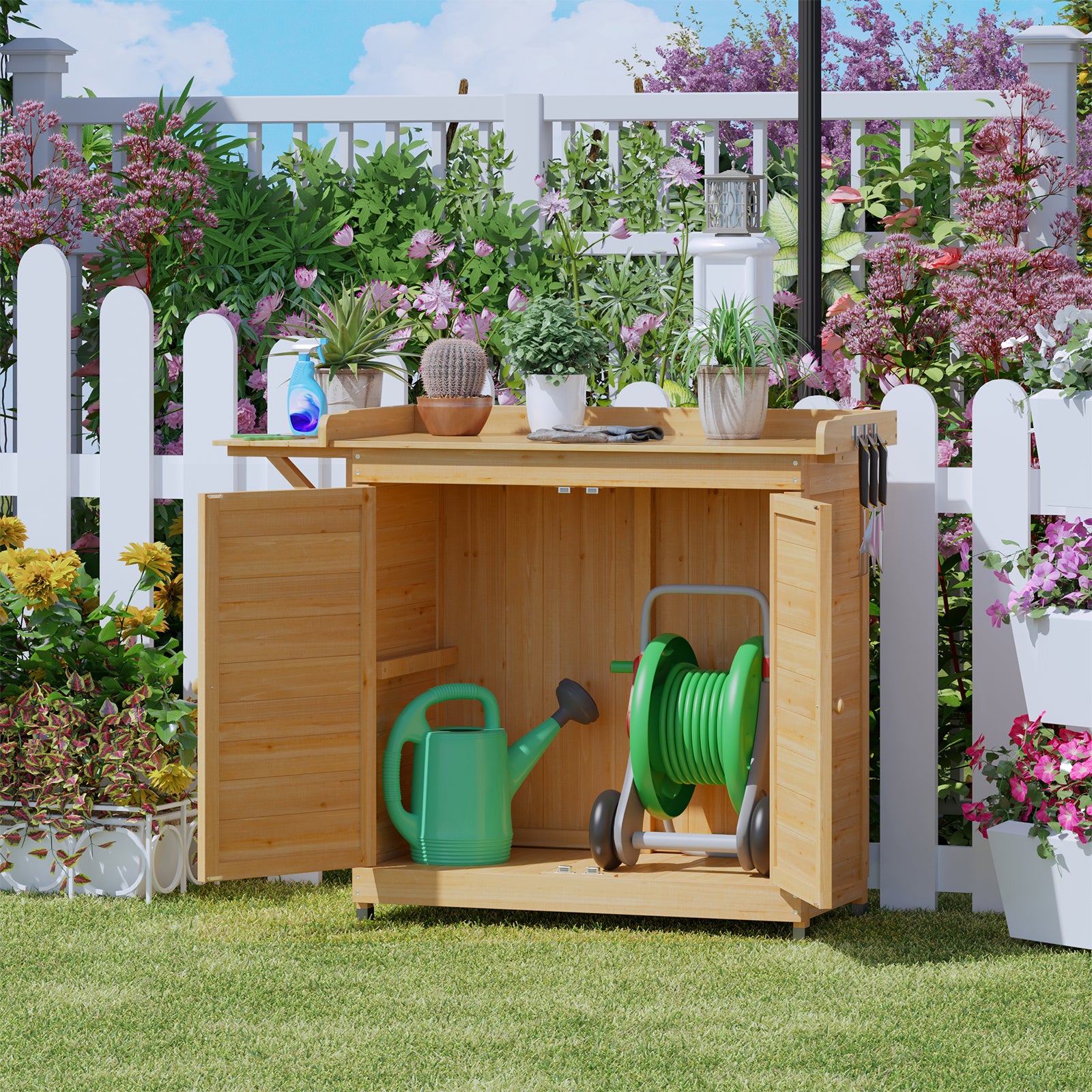 Waterproof Outdoor Wooden Storage Cabinet - Garden Patio Tool Shed & Workstation Table for Organizing Gardening Tools & Equipment | Perfect for Backyard, Deck, and Garage Storage Solutions