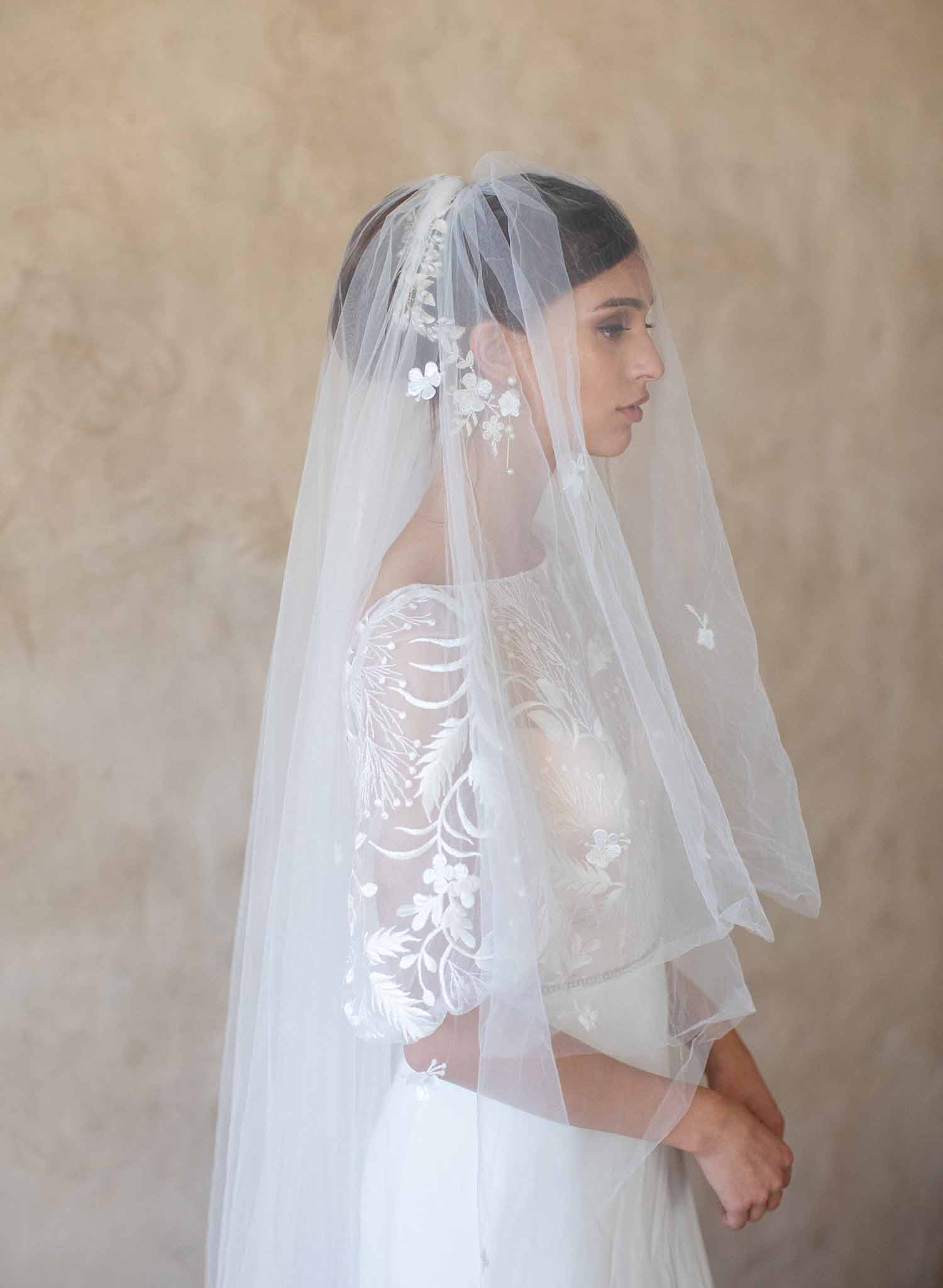 Floral Embroidered Bridal Veil with Lace Details - Style #2067 | Perfect for Weddings, Bridal Showers & Romantic Photo Shoots