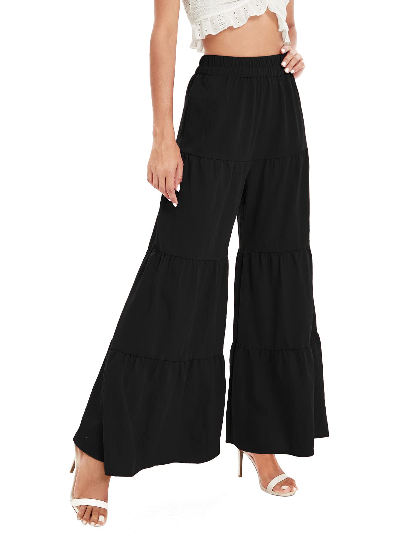 Floerns Women's Boho High Waisted Palazzo Pants - Beach Ruffle Wide Leg Flowy Lounge Pants for Summer Vacation, Yoga, and Casual Outfits