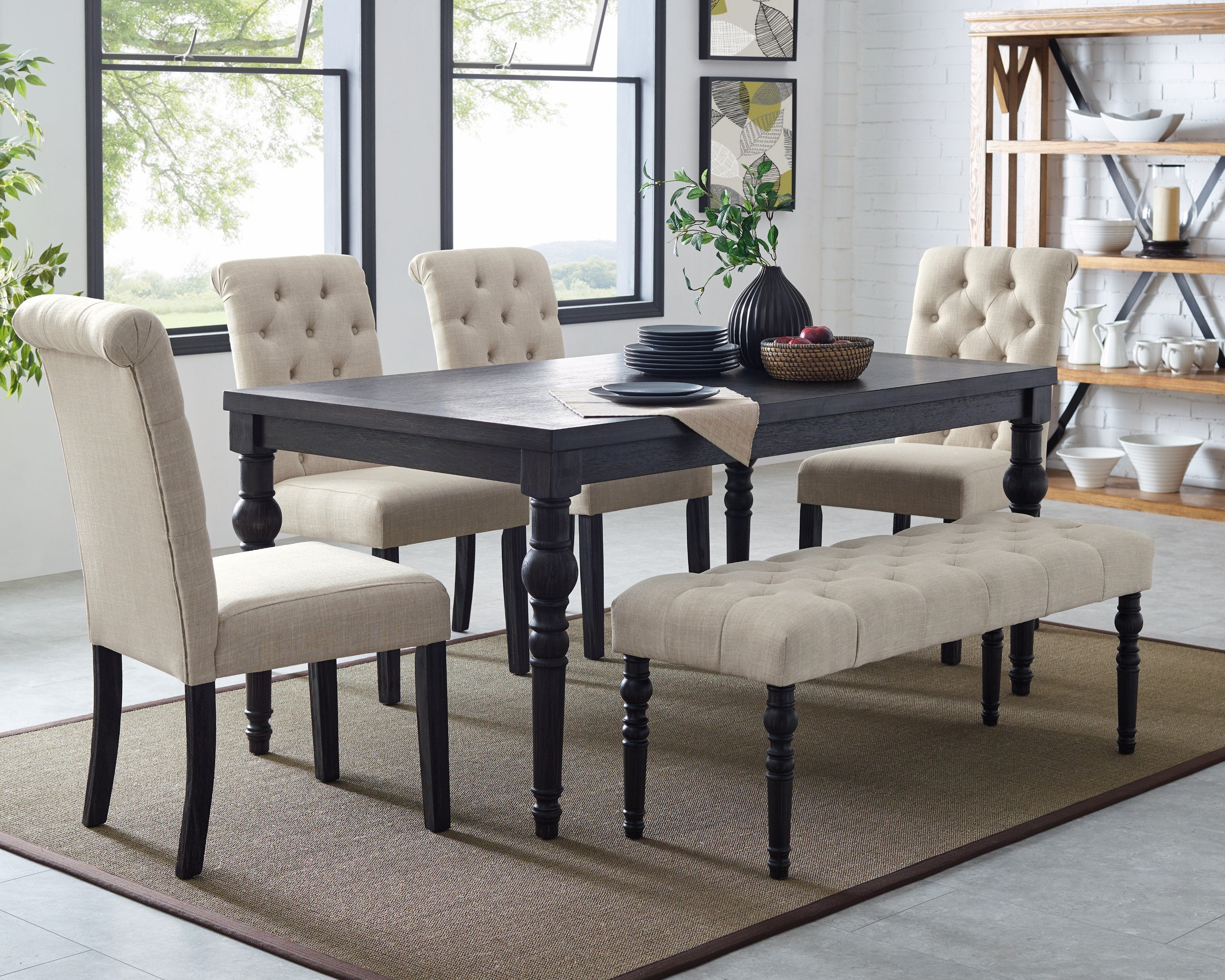 Roundhill Furniture Leviton Urban Style Dark Wash Wood Dining Set - Table, 4 Chairs & Bench in Beige | Modern Farmhouse Kitchen Furniture for Dining Room & Breakfast Nook