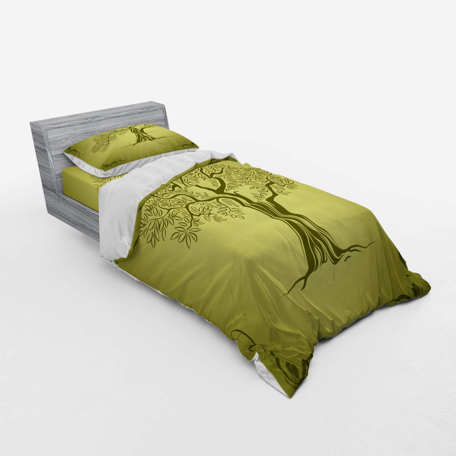 Ambesonne Olive Green Duvet Cover Set - Mediterranean Olive Tree Silhouette with Ornamental Frame, 3-Piece Twin Size Bedding Set with Sham & Fitted Sheet - Nature Inspired Home Decor for Bedroom, Guest Room & Vacation House