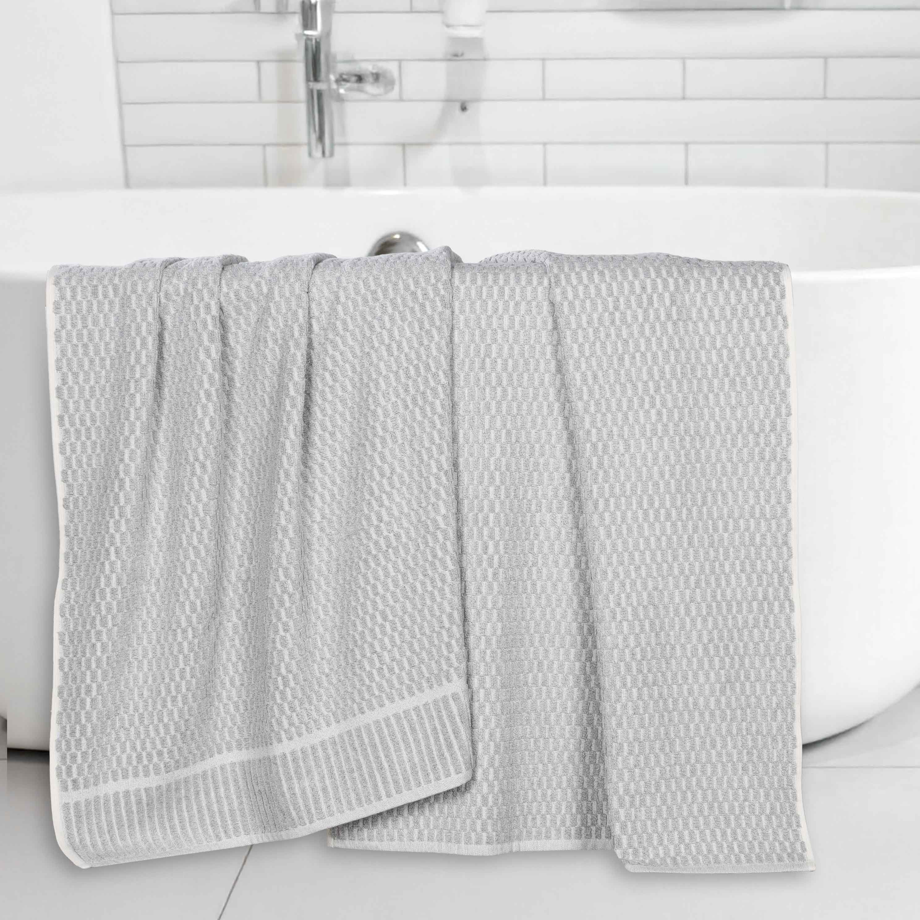 Premium Juno Cotton Blend Medium Weight Checkered Border Bath Towels - Ultra Absorbent & Soft, Set of 2 (Grey/White) | Luxury Bath Sheets for Spa, Hotel & Home Use