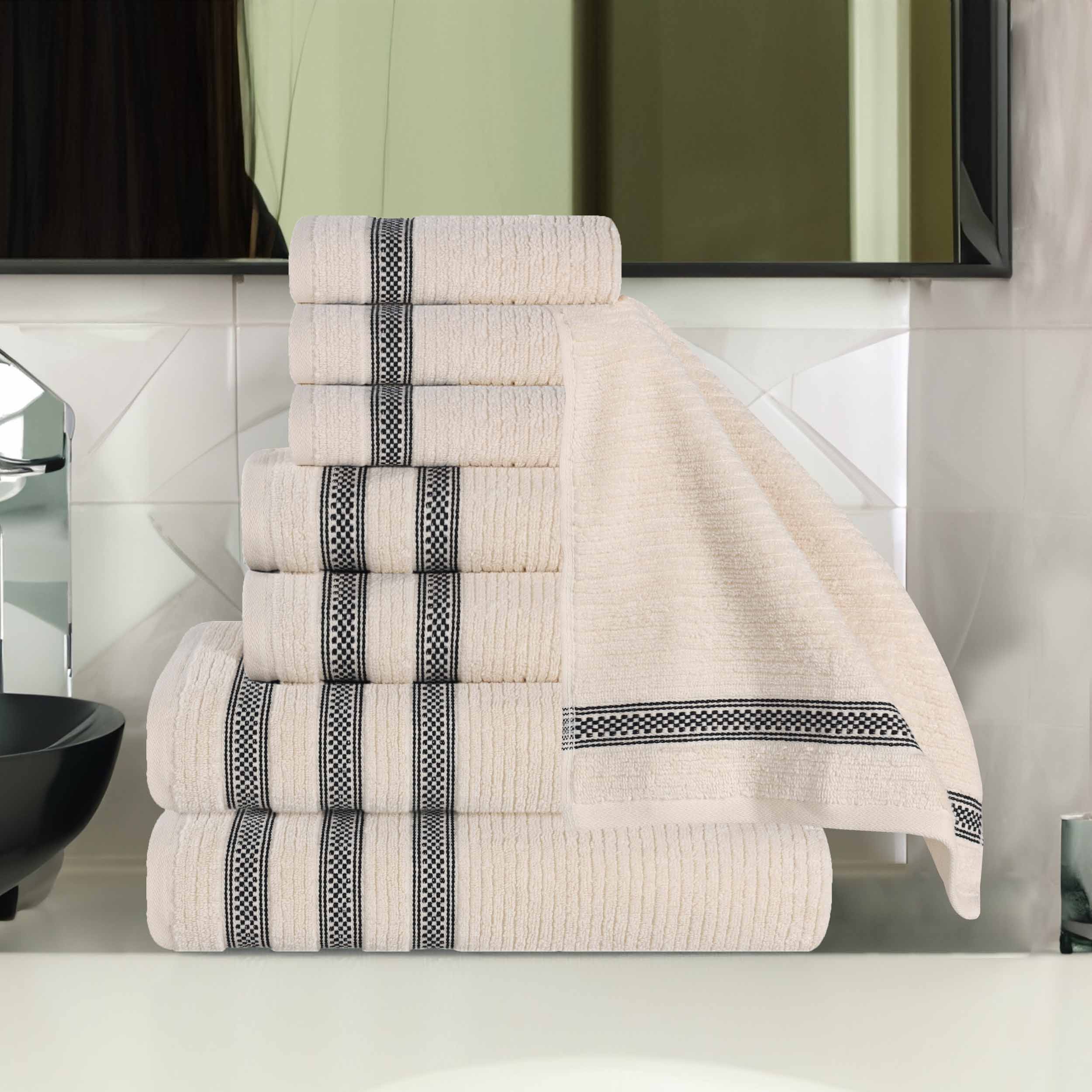 Premium Zero Twist Cotton Ribbed Geometric Border 8-Piece Towel Set | Ultra Soft Bath & Beach Towels for Spa, Pool & Home Decor