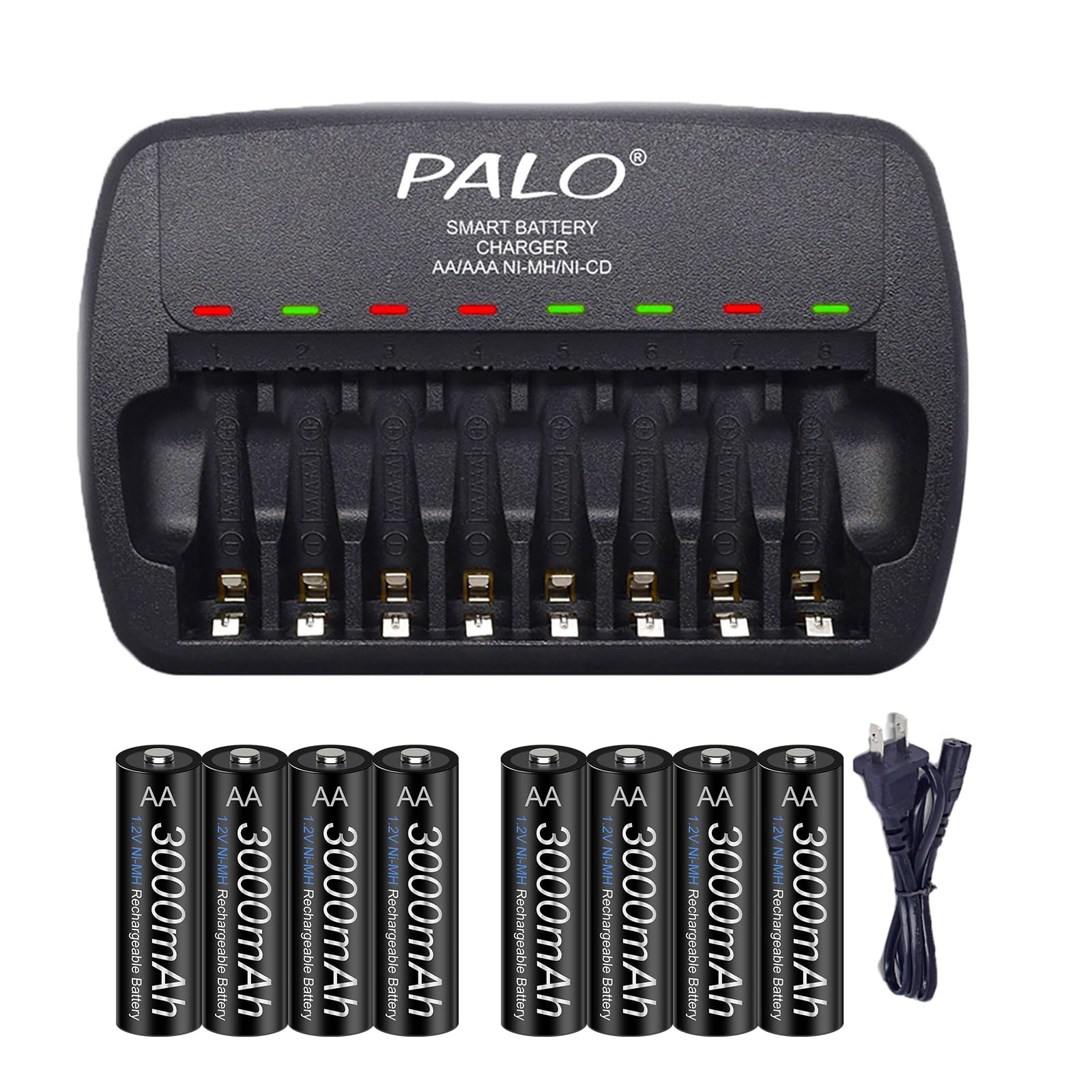 8 Pack Rechargeable AA Batteries 1.2V 3000mAh with Smart Charger - High Capacity NI-MH AA/AAA Battery Set for Cameras, Toys, Flashlights & Electronics - 8 Bay LED Indicator Charger Included