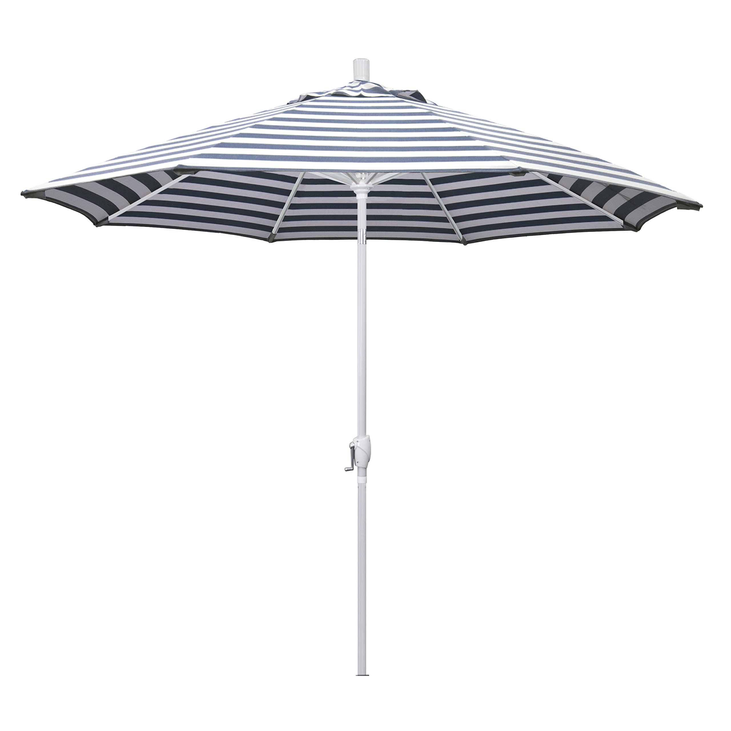 9' Round Aluminum Market Umbrella with Crank Lift & Push Button Tilt - White Pole & Navy/White Olefin Canopy - Perfect for Patio, Garden, and Outdoor Dining Areas