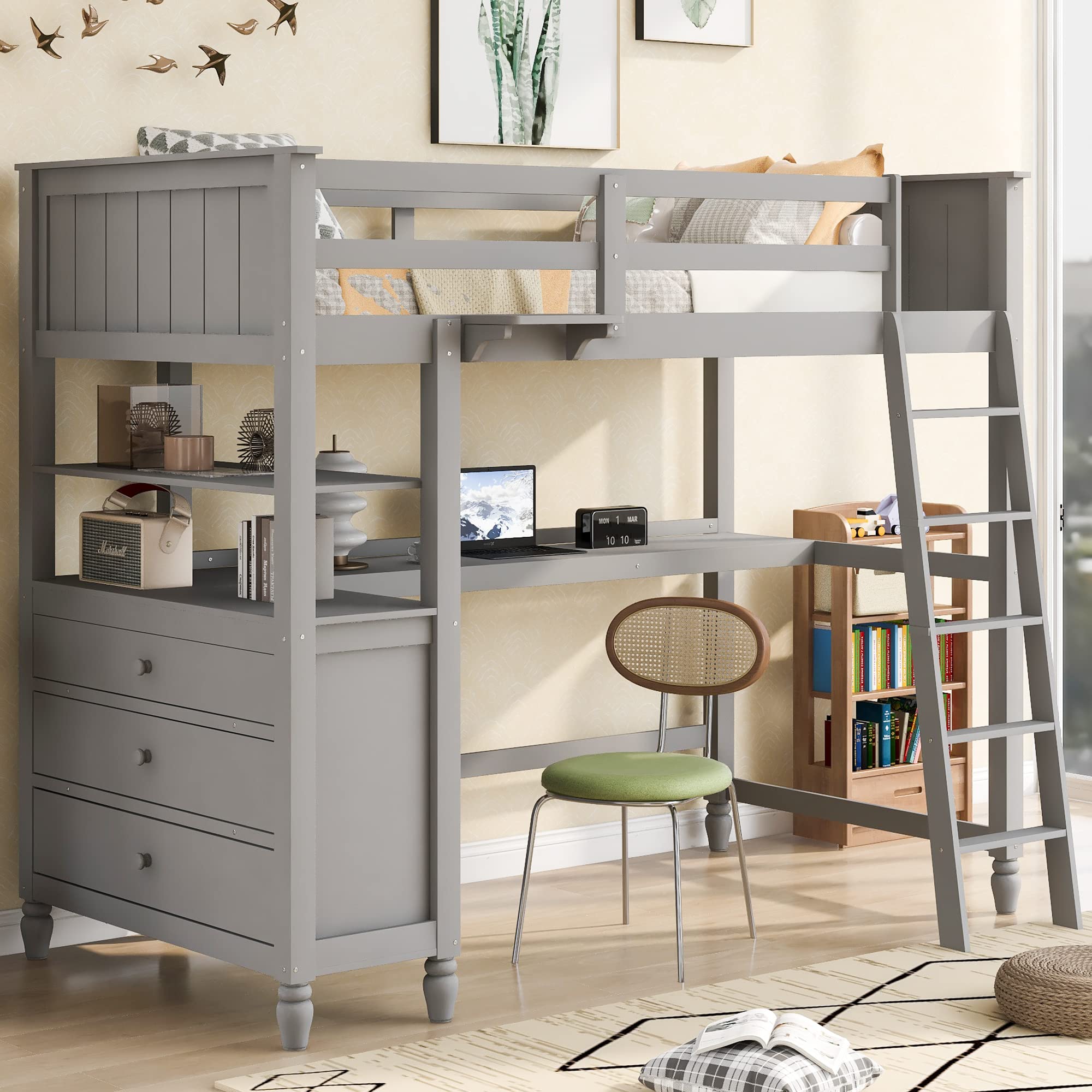 Twin Size Wooden Loft Bed Frame with Drawers, Desk & Shelves - Space-Saving Bunk Bed for Kids, Teens & Adults - Sturdy Gray Storage Loft Bed for Small Rooms, Dorms & Apartments - Perfect for Study, Sleep & Organization