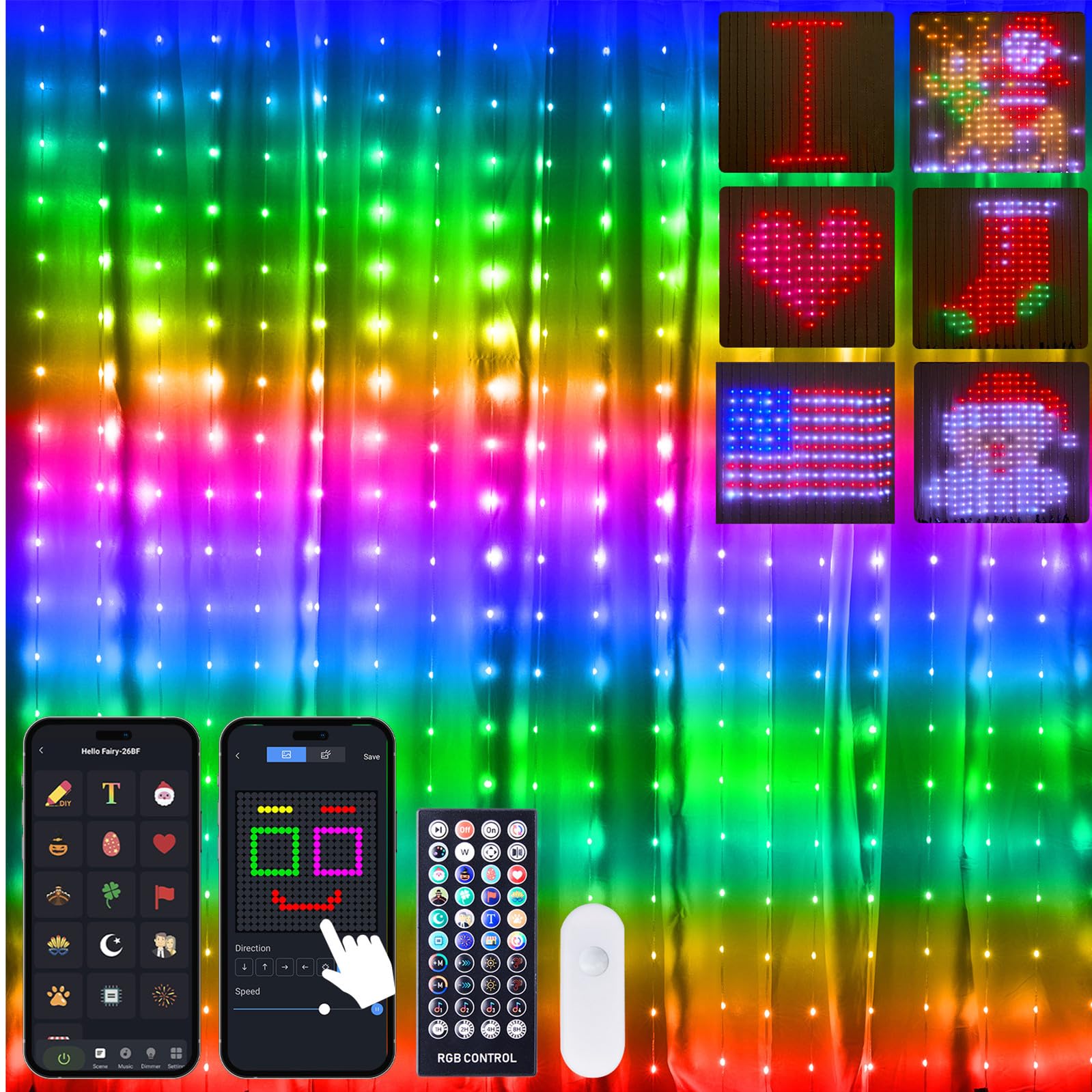 Brightown Smart Curtain String Lights - 400 LED App Controlled Fairy Lights with Music Sync & Remote, DIY Programmable Patterns & Text for Valentine's Day, Christmas, Wedding, Party - Perfect for Indoor & Outdoor Holiday Decorations, Bedroom, Garden, Patio, and Special Events Lighting