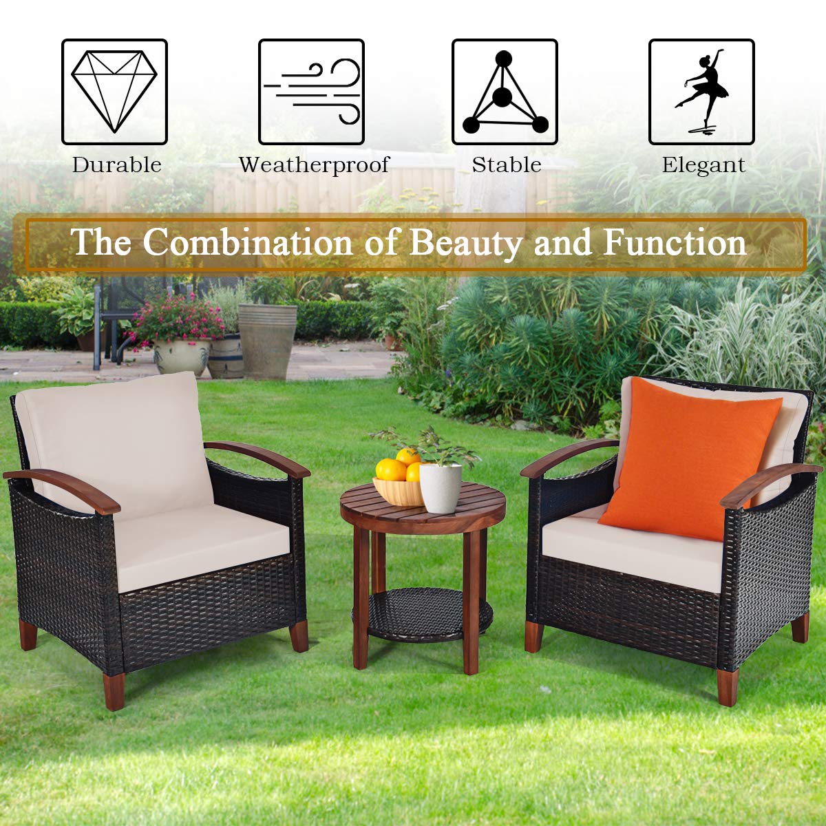 3-Piece Patio Furniture Set - Outdoor Rattan Sofa with Washable Cushions & Acacia Wood Coffee Table - Weather-Resistant Wicker Conversation Set for Garden, Poolside, Balcony or Backyard (Beige) - Perfect for Outdoor Relaxation & Entertaining