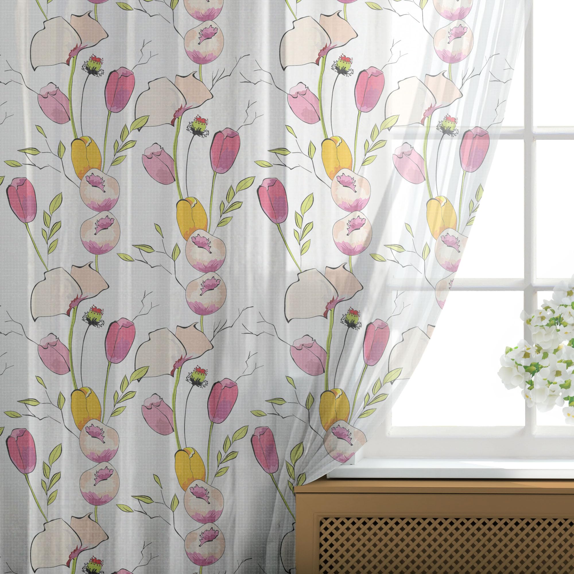 Ambesonne Floral Tulle Curtains - Tulip & Poppy Flower Sheer Drapes with Rod Pocket, 108