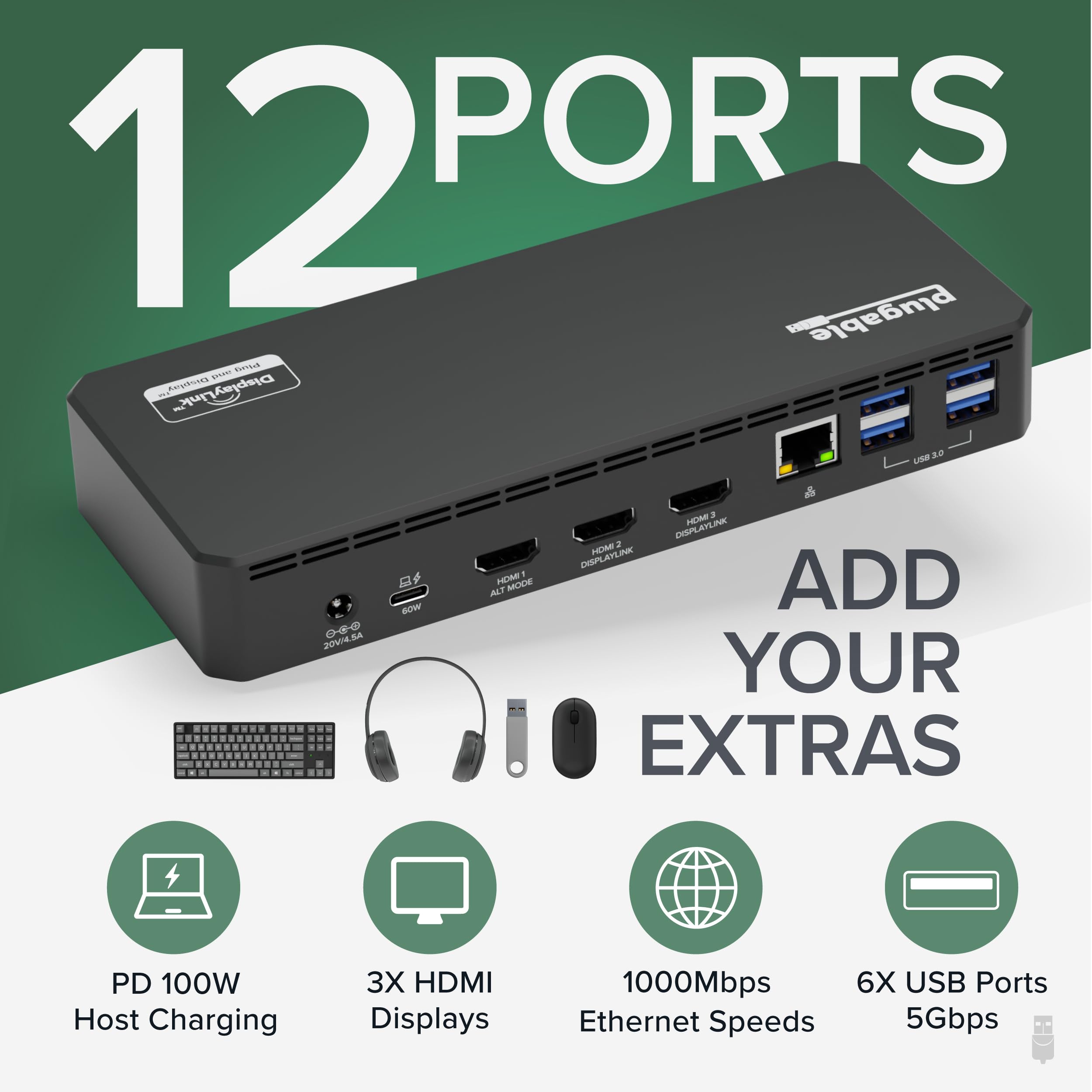 Plugable USB C Triple Display Docking Station with 100W Laptop Charging - Thunderbolt 3/USB4/USB-C Compatible for Windows, Mac, Chromebook - 3 HDMI Ports, 6 USB 5Gbps Ports - Perfect for Home Office, Gaming & Multi-Tasking Workspaces