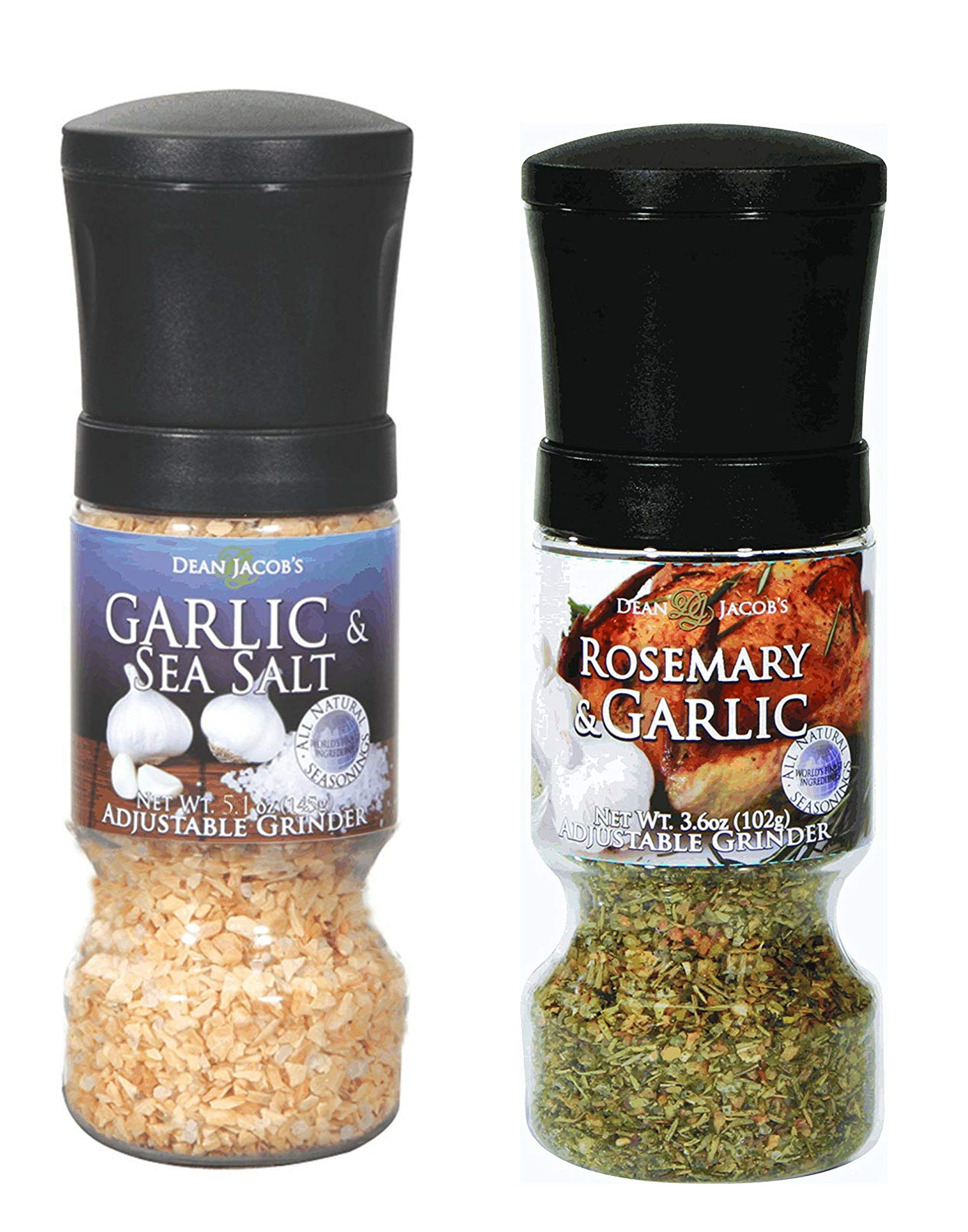 Premium Rosemary Garlic & Sea Salt Adjustable Grinder Set - 2 Pack (3.6oz & 5.1oz) for Cooking, Seasoning & Gourmet Meals - Perfect for Steak, Pasta, Salads & Home Kitchen Use