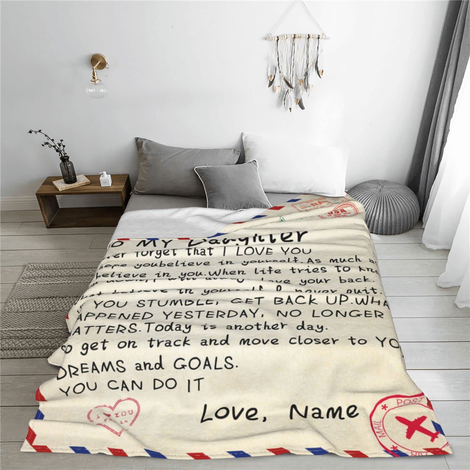 Personalized Custom Name Blanket - Love Letter to My Daughter from Dad & Mom - Air Mail Design - 50x60 Inches Soft Fleece Throw - Perfect for Gifts, Nursery Decor, and Cozy Family Moments