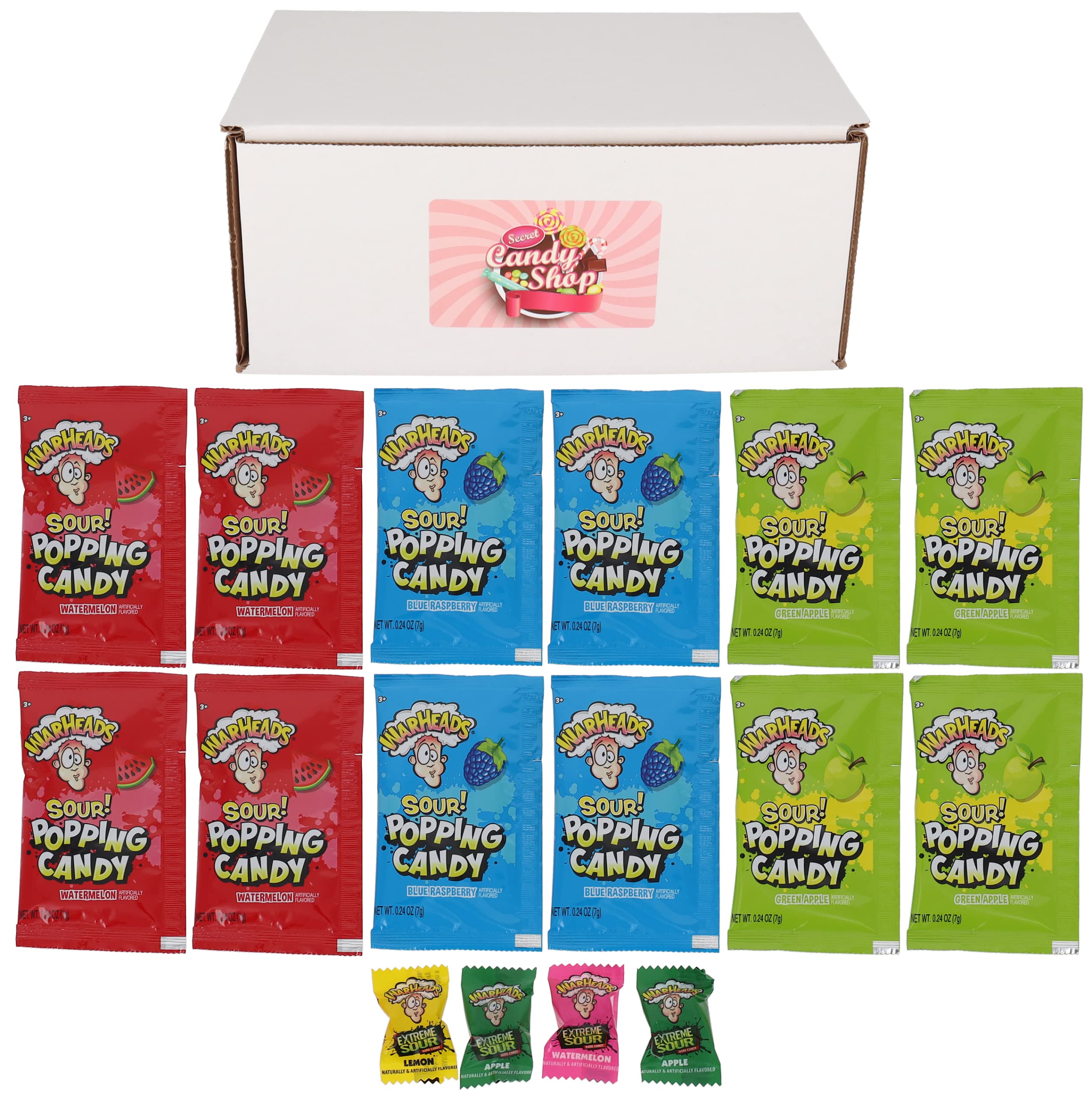 Warheads Sour Candy Pop Rocks - Variety Pack of 4 Flavors (12 Pack) with 4 Free Warheads - Perfect for Parties, Halloween Treats & Office Snacks
