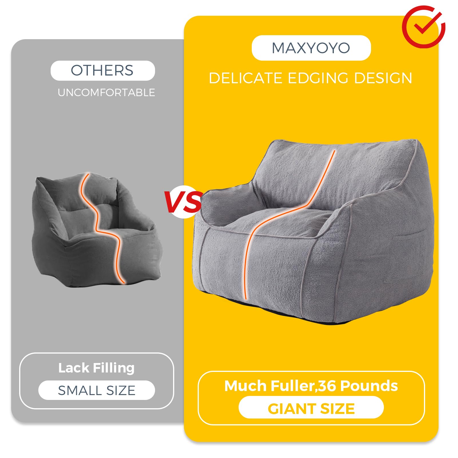 MAXYOYO Giant Bean Bag Chair for Adults - Large Fluffy Bean Bag Couch with Decorative Edges, Grey - Perfect for Living Room, Bedroom, Game Room & Dorm Relaxation
