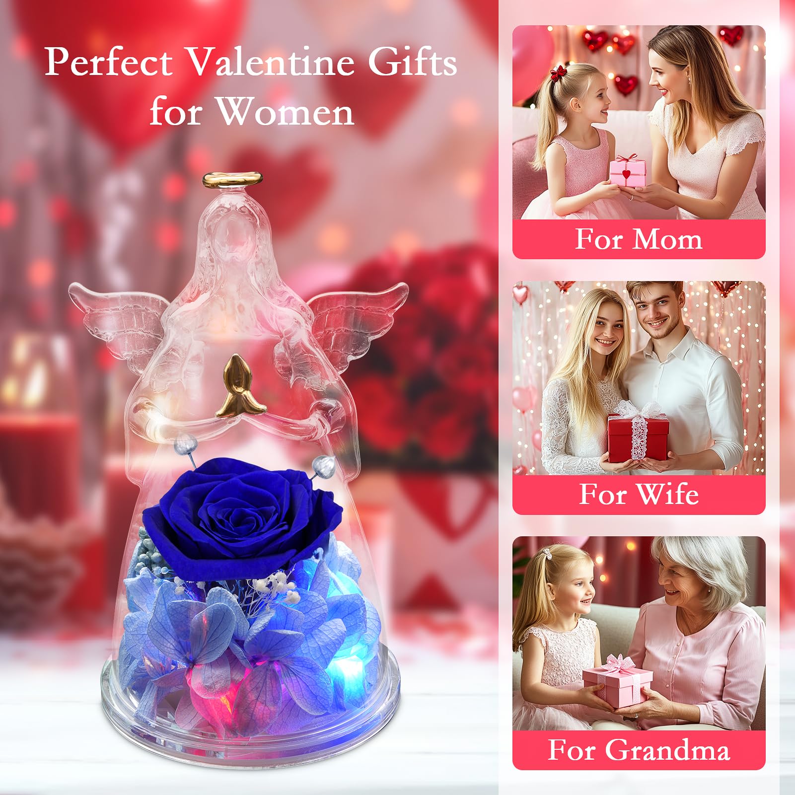Childom Preserved Blue Rose in Glass Angel - Unique Valentine's Day, Birthday & Anniversary Gifts for Women, Wife & Mom | Romantic Home Decor & Special Occasion Present