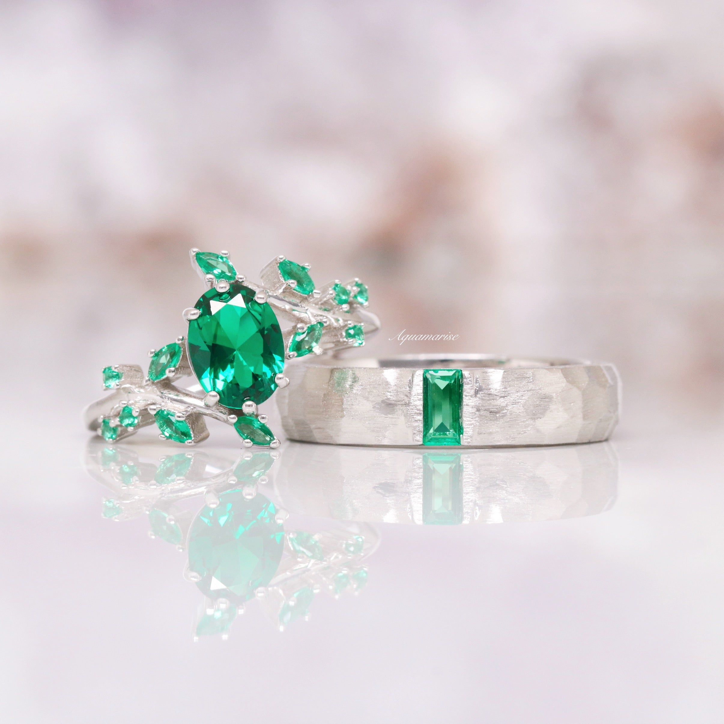 Emerald Leaf Engagement Ring - 14K White Gold Wedding Band for Women, Nature-Inspired Jewelry for Brides, Anniversaries & Special Occasions