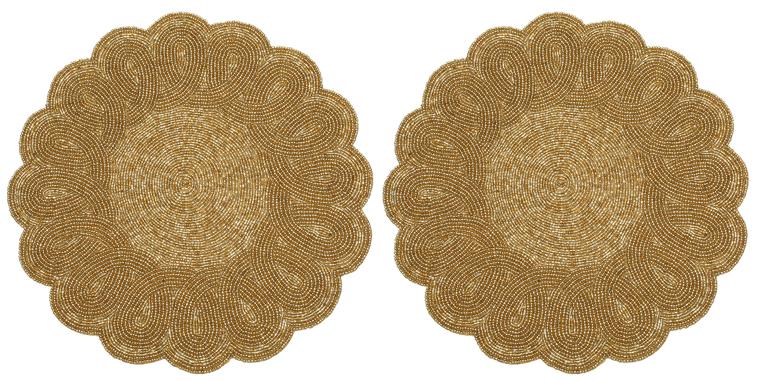 Lightnpro Christmas Beaded Placemat Set of 2 - 13 Inch Round Embroidered Gold Table Mats, Handmade Beaded Charger Plates for Holiday Dining Decor, Perfect for Christmas Dinner Party Table Setting & Festive Home Decor