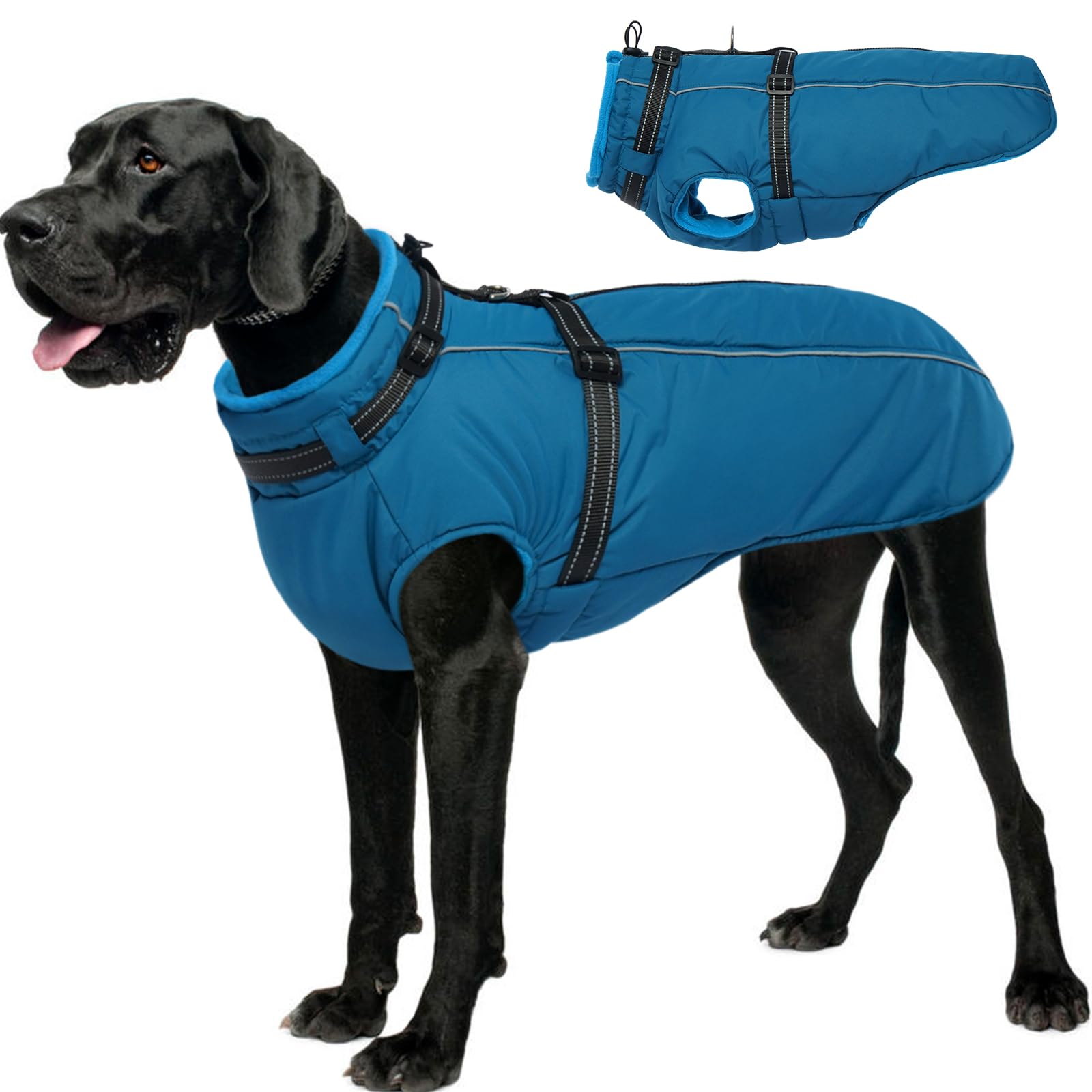 Lelepet Waterproof Reflective Dog Coat with Built-in Harness - XXXL Fleece Winter Jacket for Large Dogs Like Great Danes - Adjustable Zipper for Warmth & Safety in Cold Weather, Rain, and Night Walks