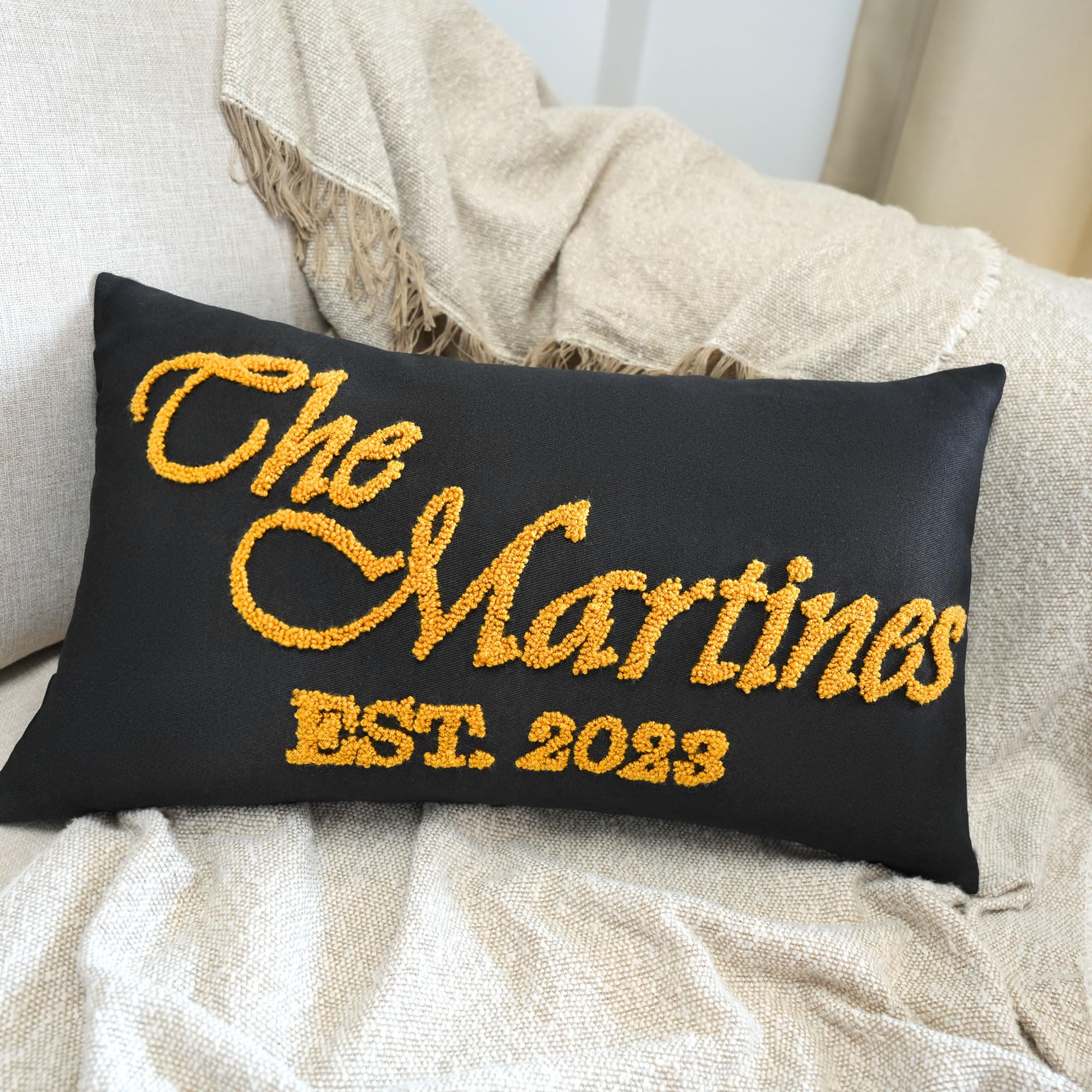 Personalized Family Name Embroidered Pillow - Custom Housewarming & Wedding Gift - Handmade Punch Needle Home Decor for Bedroom, Living Room & Nursery - Cozy Throw Pillow for Sofa, Couch and Home Decor