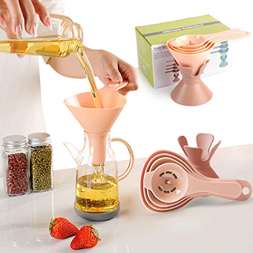 6-in-1 Multifunctional Kitchen Funnel Set with Handle & Mesh Screen - Reusable for Solid Food, Liquid, Wine & Powder - Durable Pink Cooking Tools for Baking, Canning, Brewing & DIY Projects