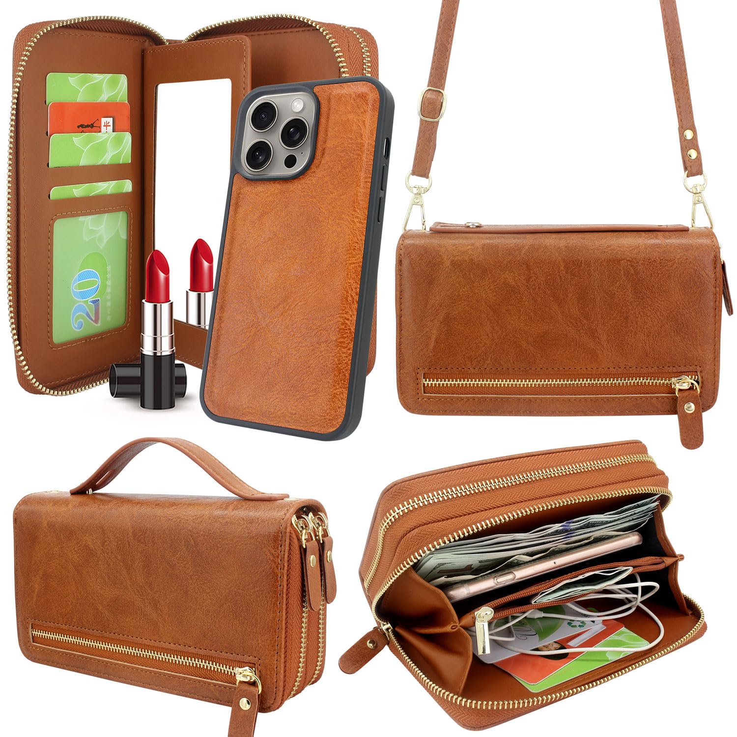 Harryshell iPhone 15 Pro Max Wallet Case (6.7 inch 2023) - Detachable Zipper Purse with Card Slots, Mirror & Crossbody Chain - Brown Leather Phone Cover for Women | Perfect for Travel, Shopping & Everyday Use