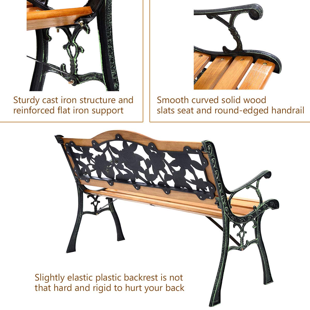 Giantex 50 Inch Patio Bench - Outdoor Wooden Loveseat with Cast Iron Frame, Weatherproof 2-Person Porch Swing for Garden, Deck, and Backyard Relaxation