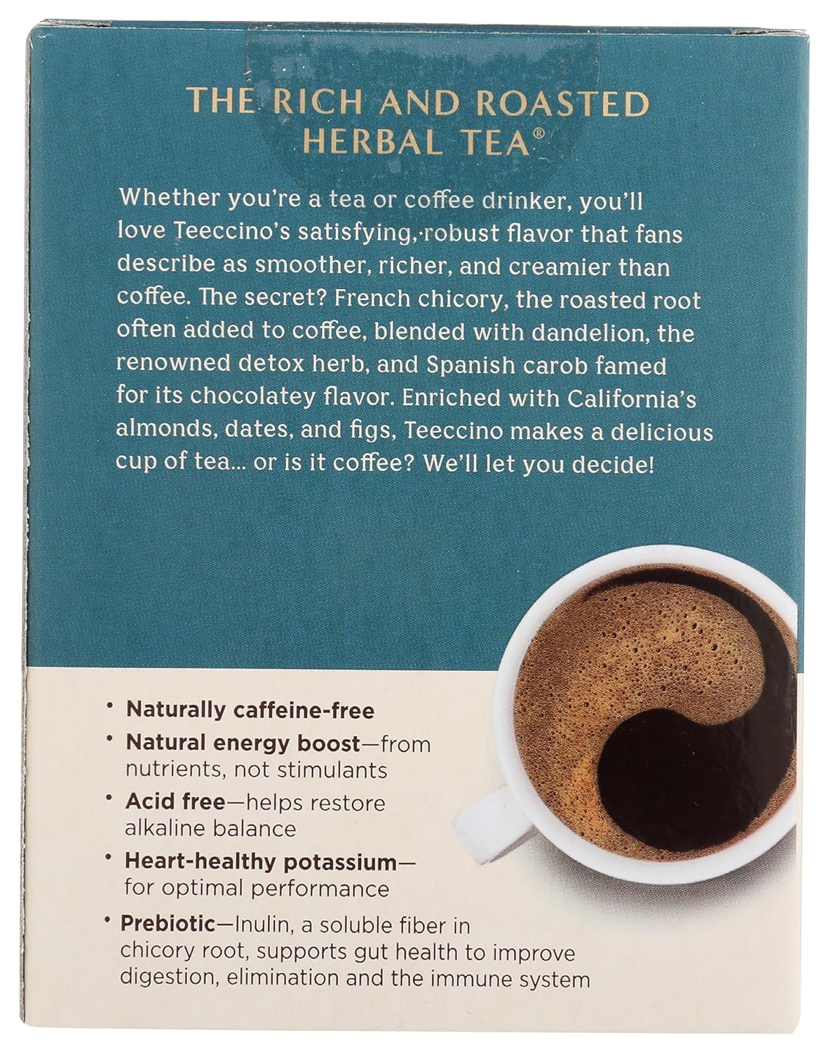 Teeccino Dandelion Caramel Nut Herbal Tea - Caffeine Free, Prebiotic Rich, Gluten Free Roasted Herbal Tea with 3x More Herbs - 10 Tea Bags for Relaxation & Digestive Health