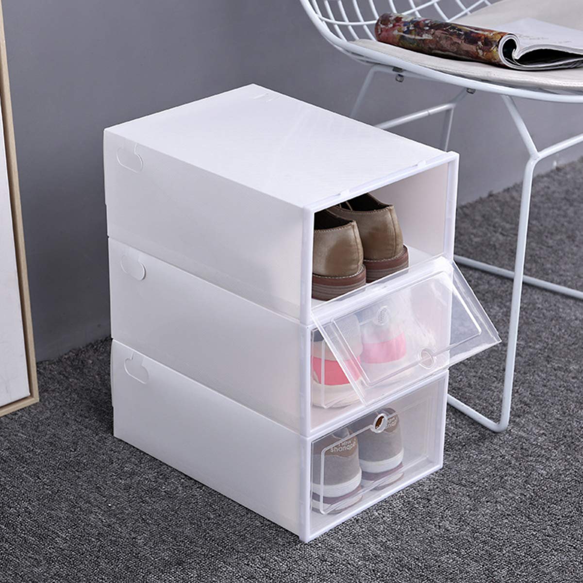Cabilock 6-Pack Clear Plastic Shoe Storage Boxes - Foldable Stackable Shoe Organizer with Thickened Design, Large Size (White) - Perfect for Closet, Bedroom & Entryway Organization