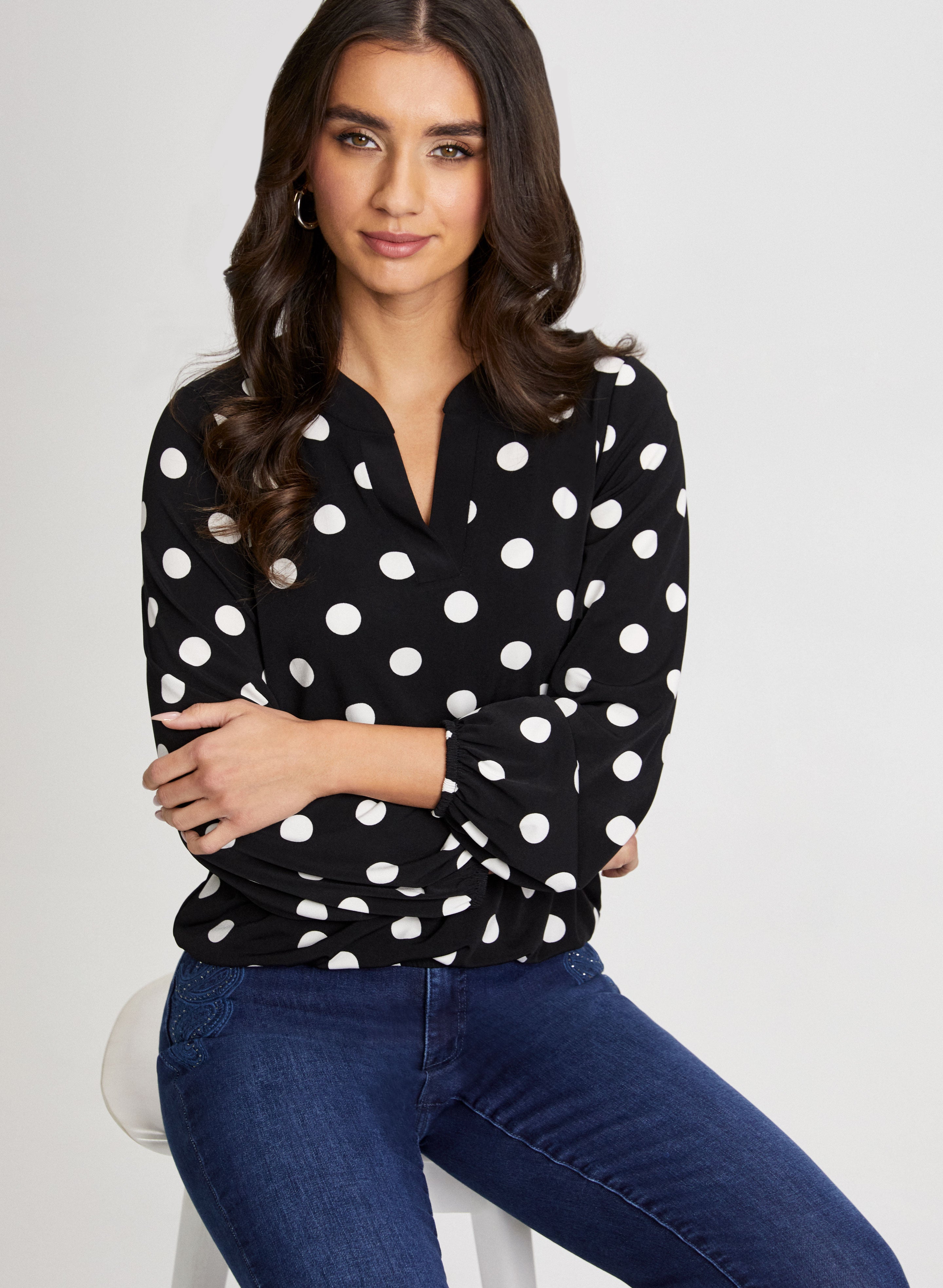 Dot Motif Split Neck Top - Stylish Women's Blouse for Casual & Party Wear | Trendy Floral Print Summer Tops for Outfits & Date Nights
