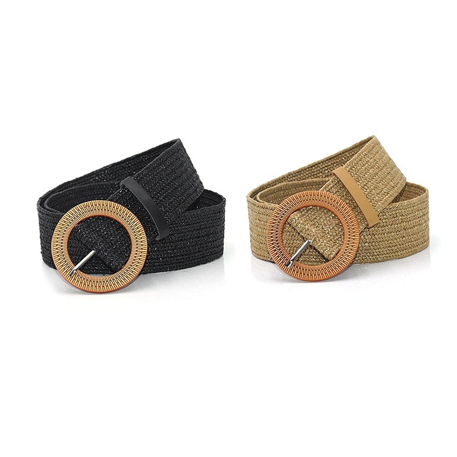 2 Pack Knitted Straw Elastic Belts for Women - Adjustable Waist Belt for Dresses, Jeans & Sweaters - Black & Khaki - Perfect for Casual Outfits, Office Wear & Summer Fashion