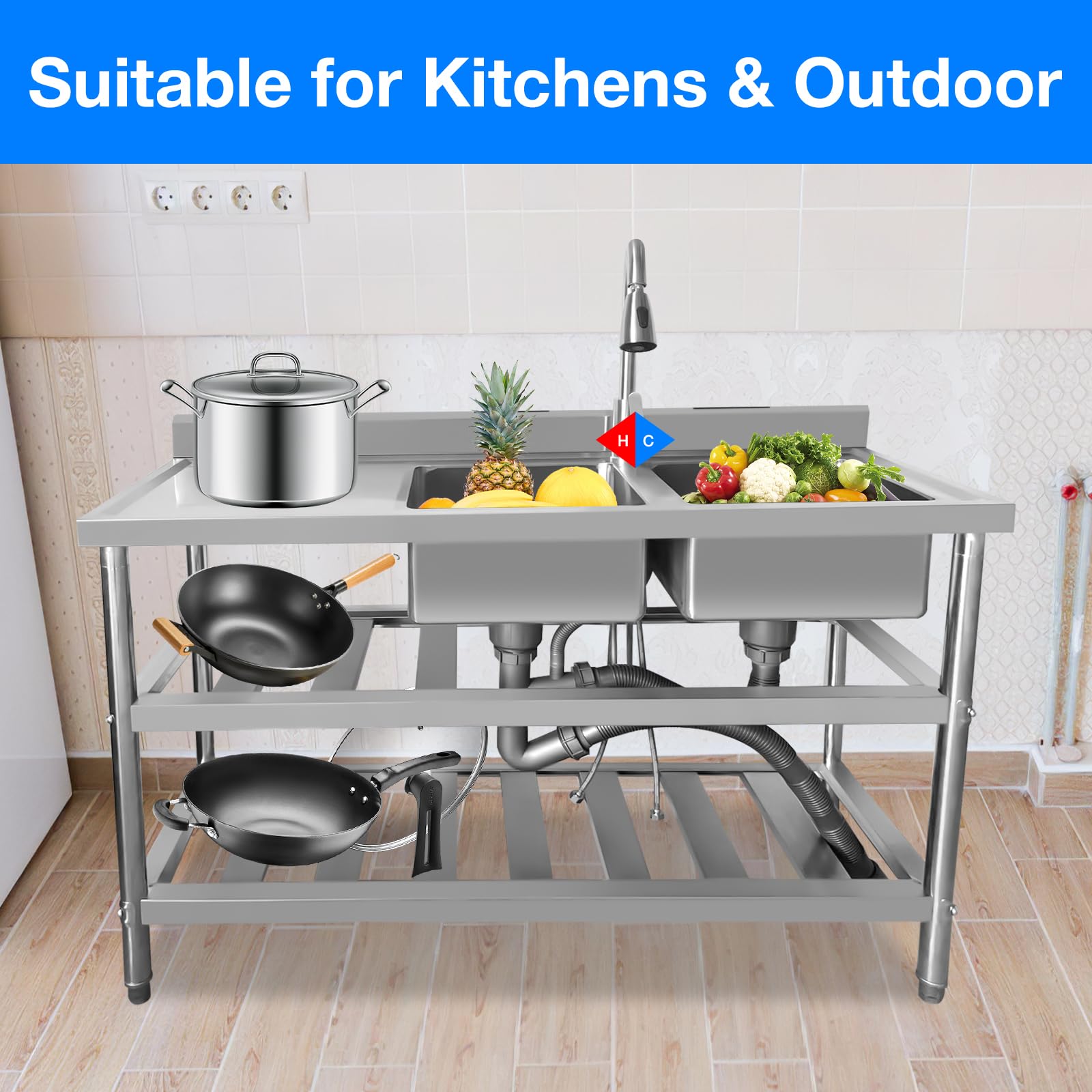 Premium 304 Stainless Steel 2-Compartment Utility Sink with Pull-Out Faucet - Heavy Duty Commercial Kitchen Sink for Restaurants, Outdoor Use & Workbench Installation (47 Inch) - Perfect for Food Prep, Dishwashing & Industrial Cleaning