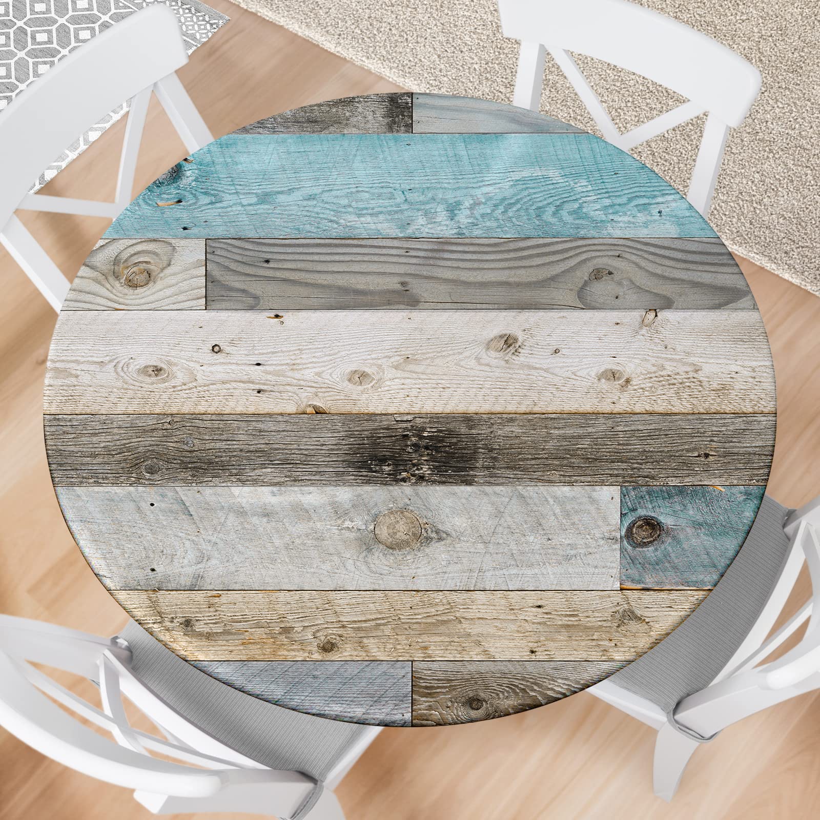 Farmhouse Round Fitted Tablecloth with Elastic Edge - Wood Texture Washable Table Cover for Kitchen, Dining, Picnic & Outdoor Party - Fits 36-44 Inch Round Tables - Durable & Reusable Home Decor
