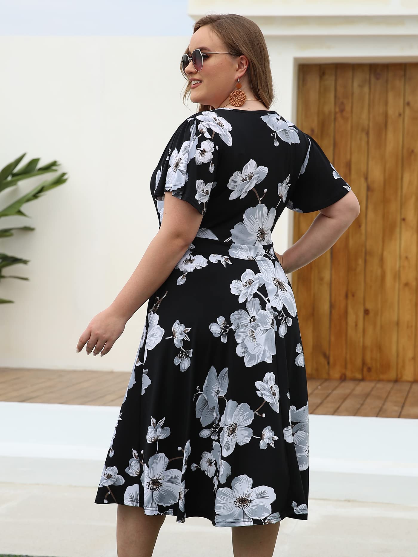 Kissmay Plus Size Women's V-Neck Floral Print Cocktail Party Midi Dress with Pockets - Elegant Formal Wear for Wedding Guest, Office Party & Special Occasions