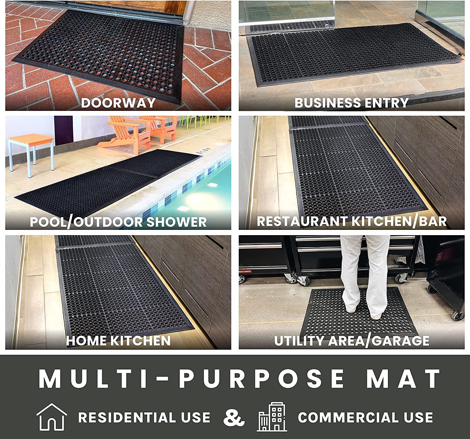 Anti-Fatigue Non-Slip Rubber Floor Mat - Heavy Duty Drainage Mats for Kitchen, Bathroom, Garage & Garden - Commercial Grade 60